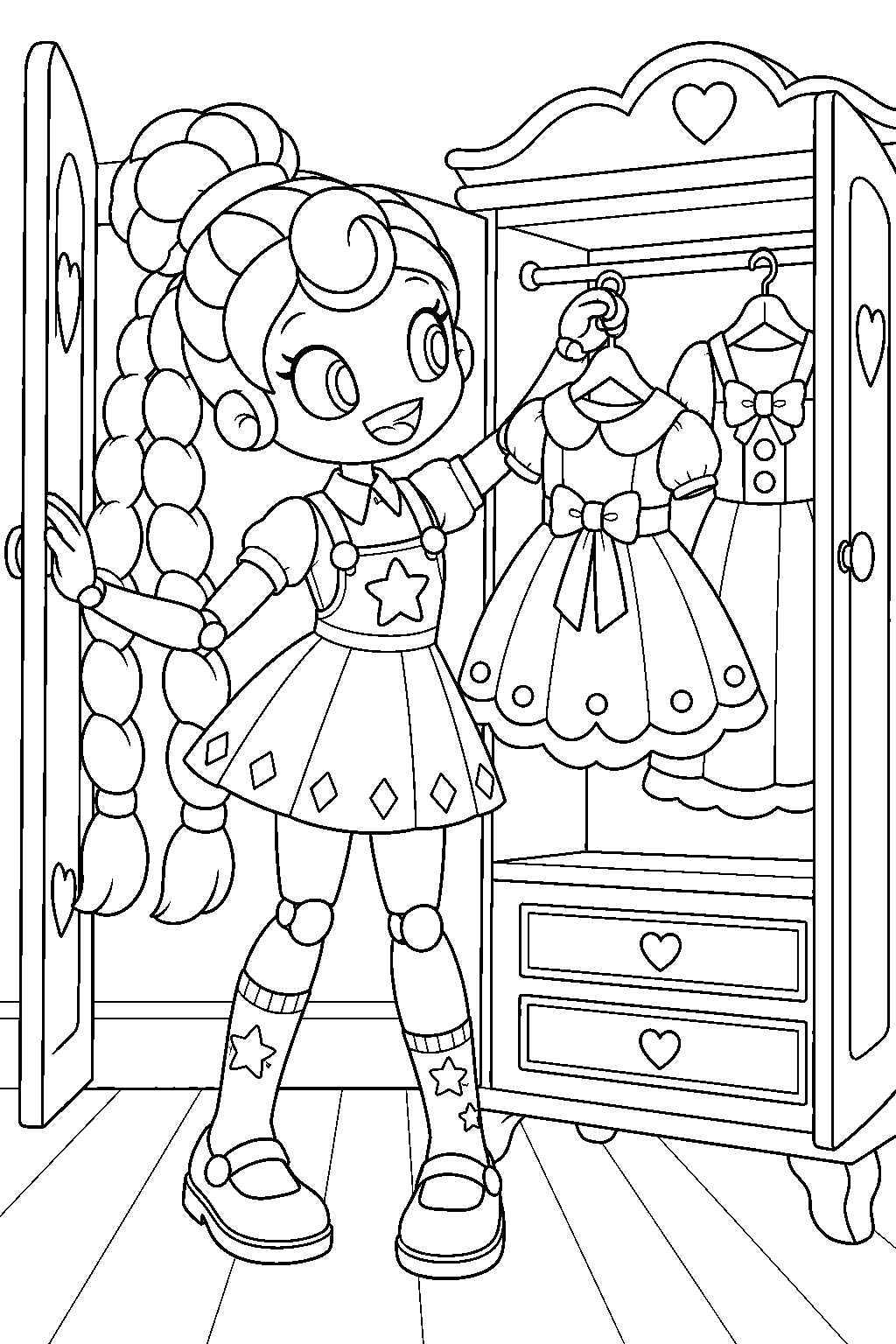 poppy playtime lily lovebraids choosing a dress from her dollhouse wardrobe line art