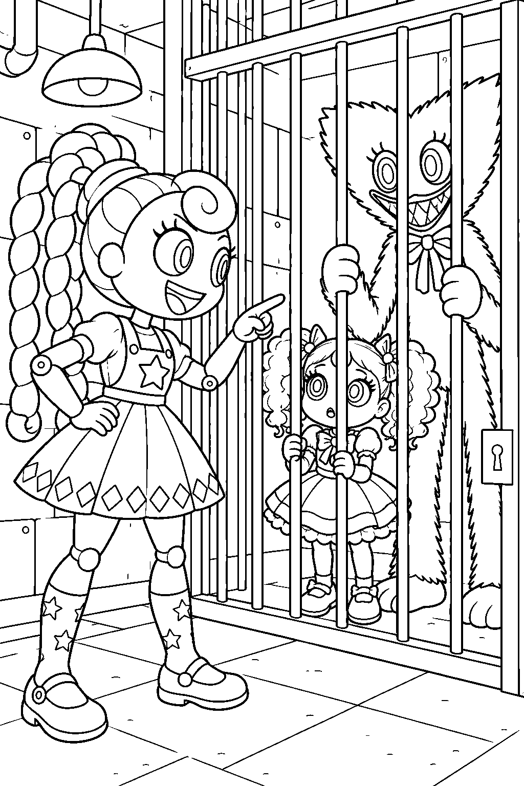 poppy playtime lily lovebraids confronting poppy and kissy missy in the basement line art