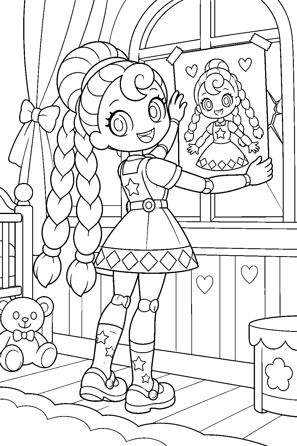 poppy playtime lily lovebraids covering a broken nursery window with a poster line art