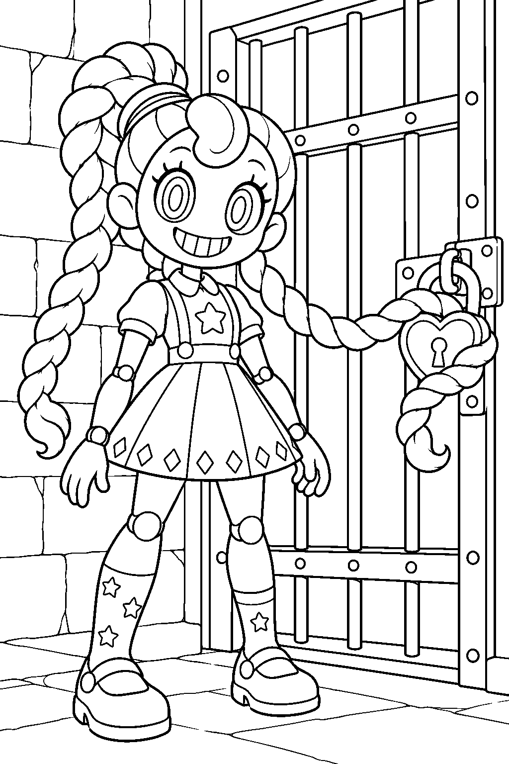 poppy playtime lily lovebraids guarding the basement cell with a braid around its lock line art