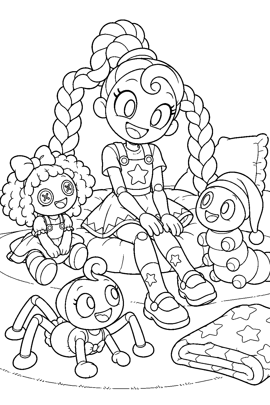 poppy playtime lily lovebraids having a sleepover with her toy friends line art