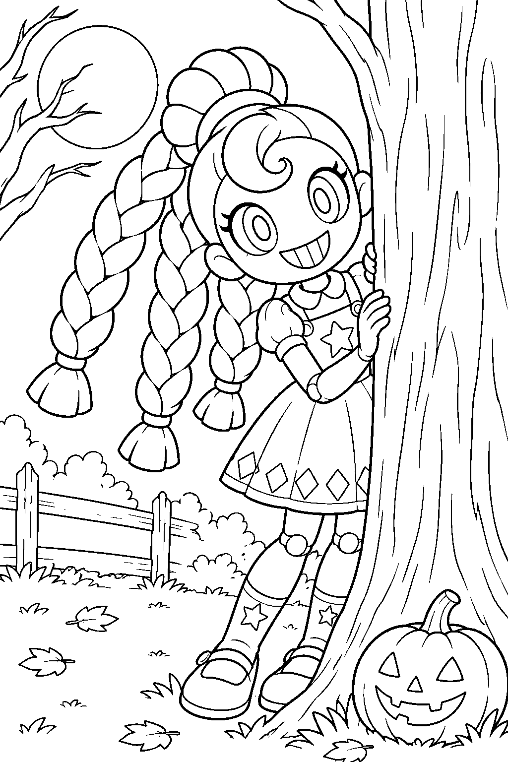 poppy playtime lily lovebraids hiding behind a tree on halloween line art