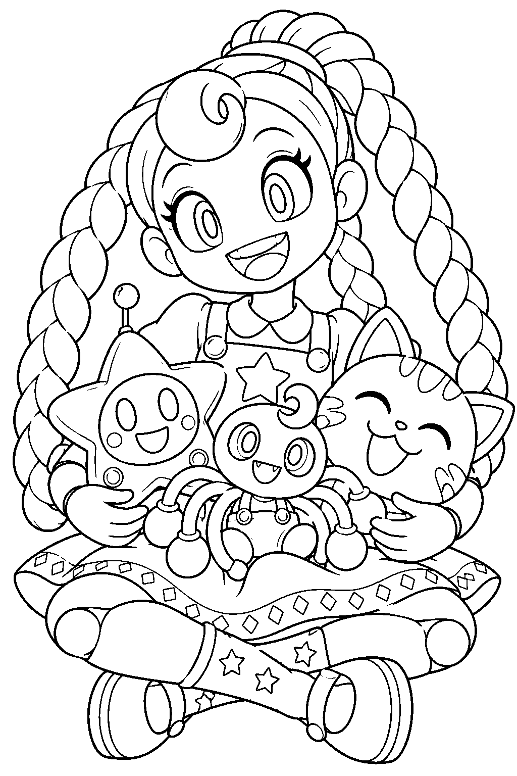 poppy playtime lily lovebraids holding glowby and baby long legs with candy cat line art