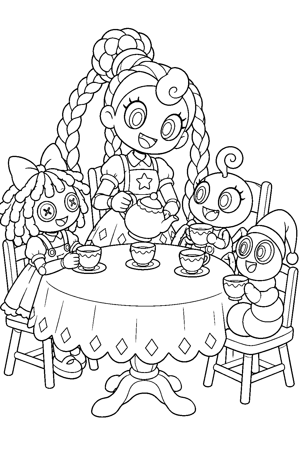 poppy playtime lily lovebraids hosting a tea party with dusky baby and dolly grub line art
