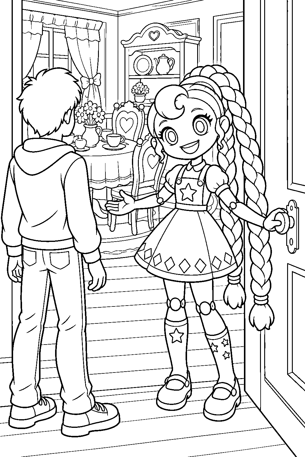 poppy playtime lily lovebraids opening the dollhouse dining room door line art