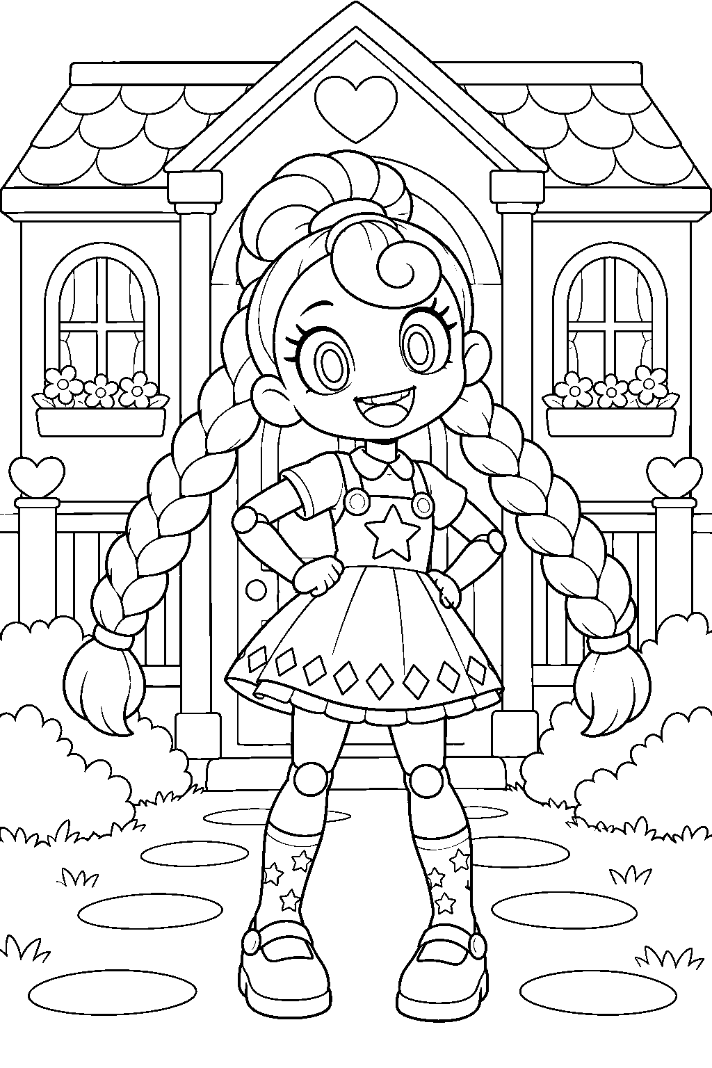 poppy playtime lily lovebraids outside her giant dollhouse line art