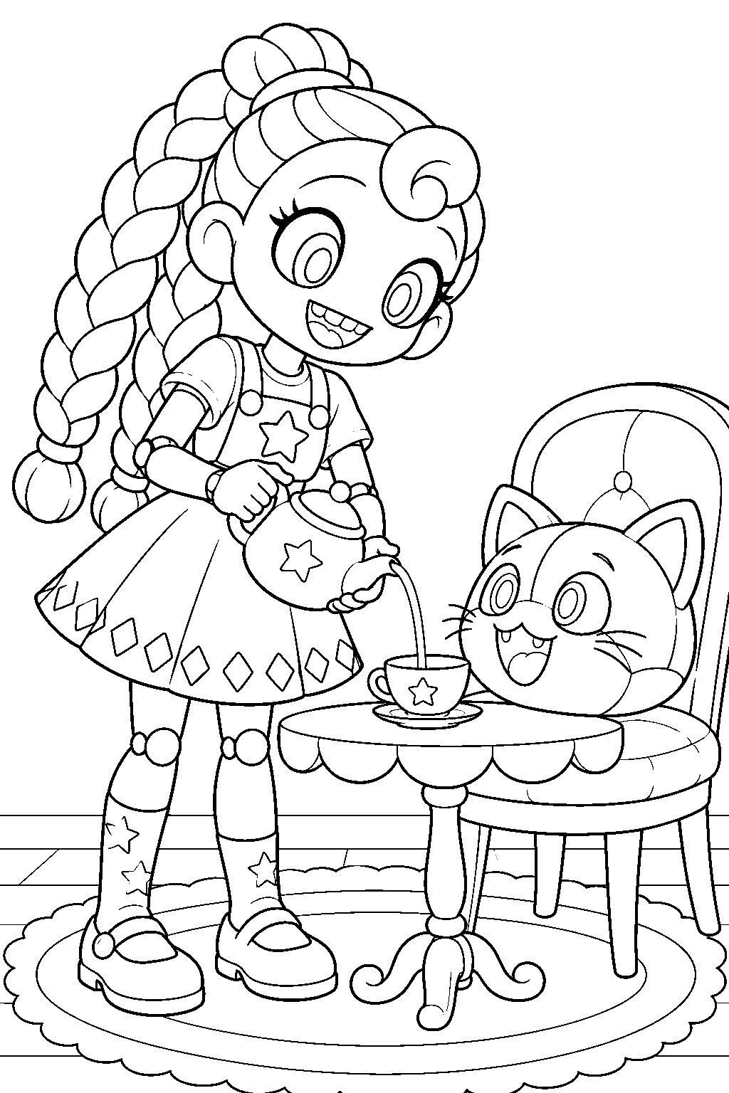 poppy playtime lily lovebraids pouring tea for candy cat line art