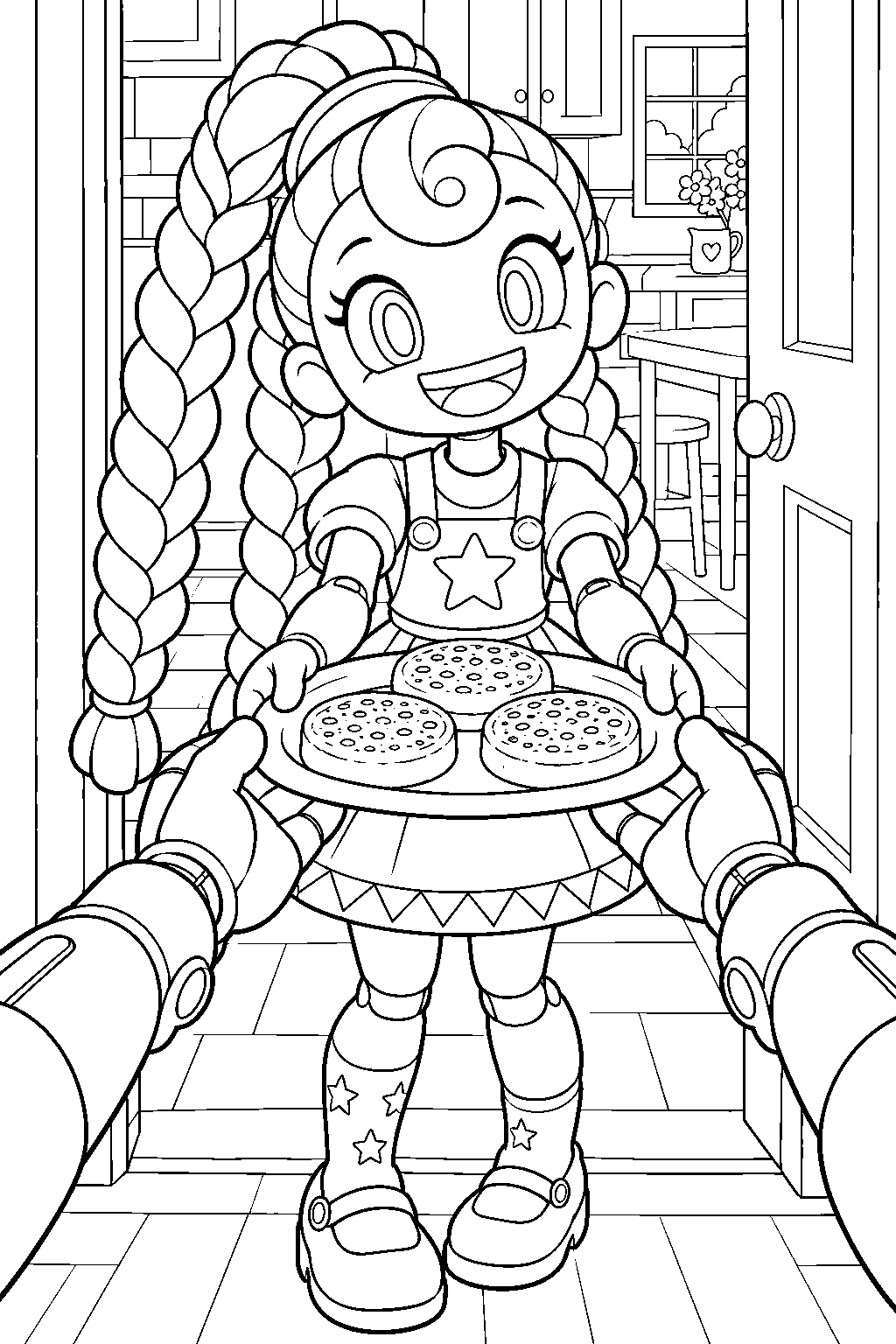 poppy playtime lily lovebraids receiving a plate of crumpets from the player line art