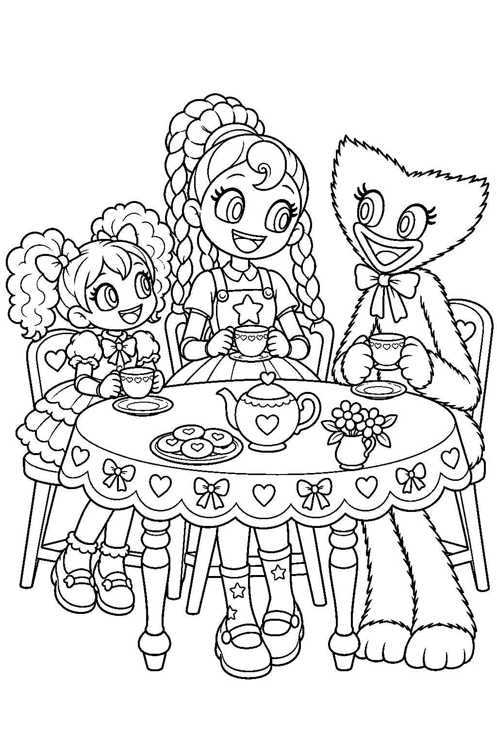 poppy playtime lily lovebraids seated beside poppy and kissy missy at the tea party line art