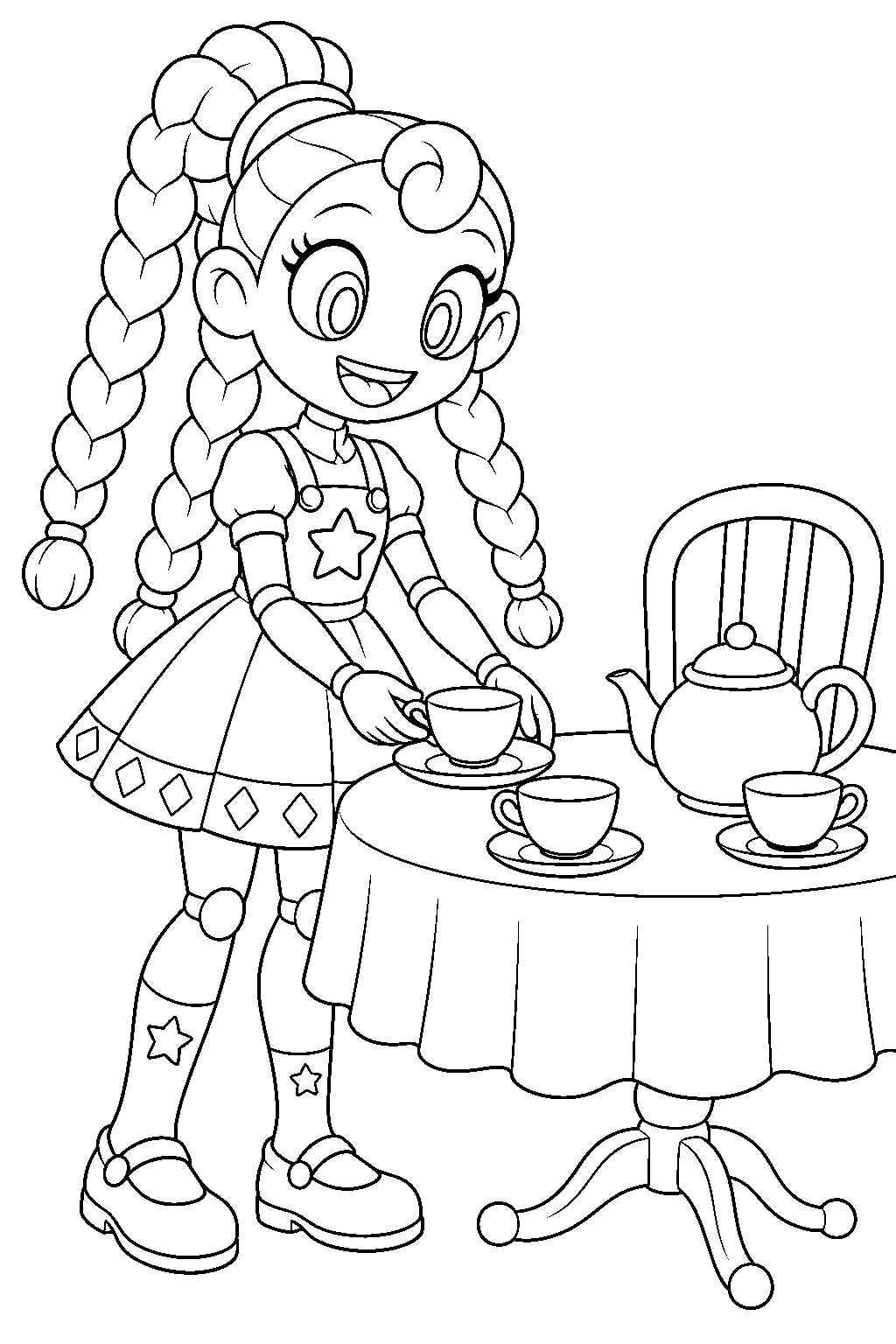 poppy playtime lily lovebraids setting teacups around the tea table line art