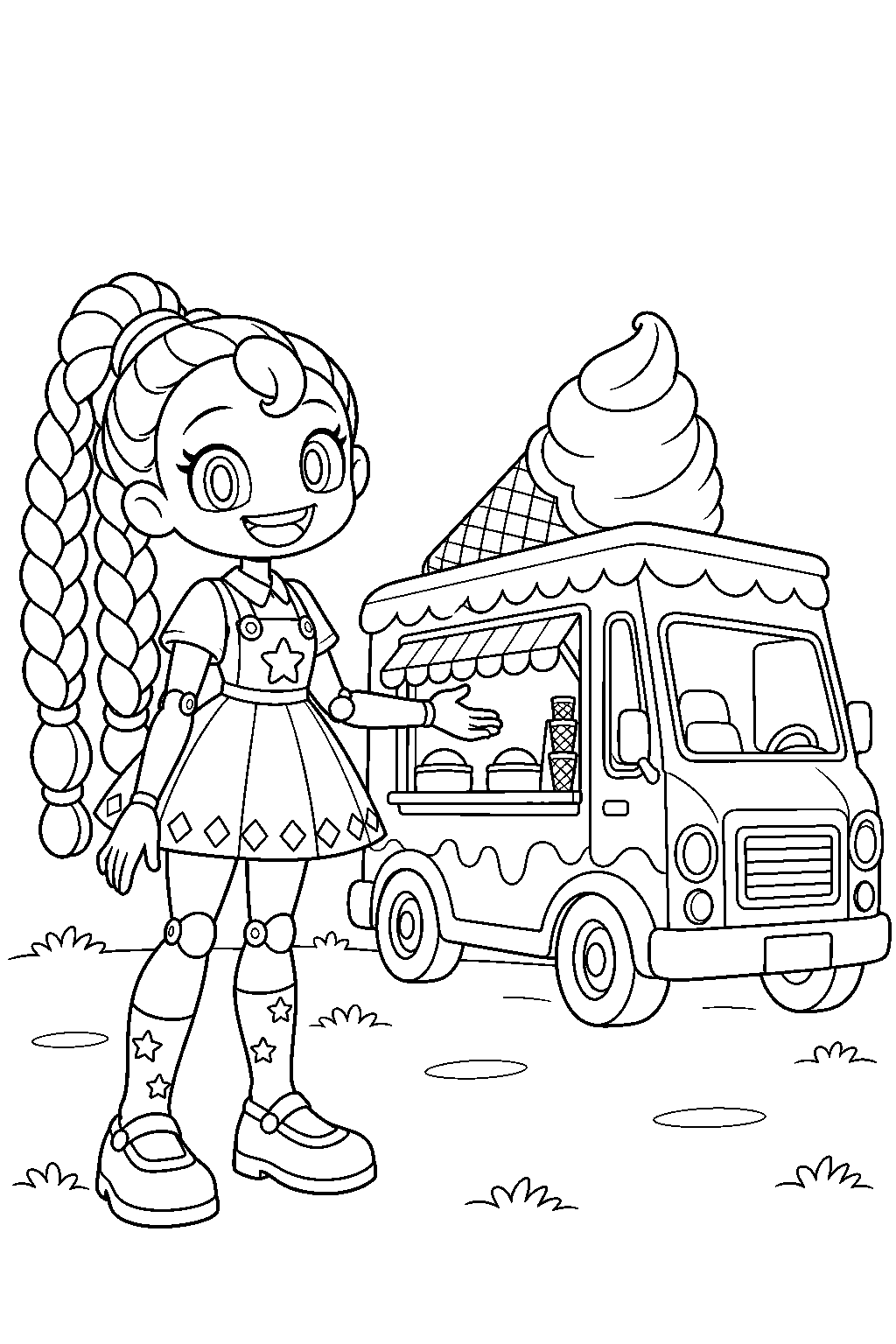poppy playtime lily lovebraids standing beside the sweet street ice cream truck line art