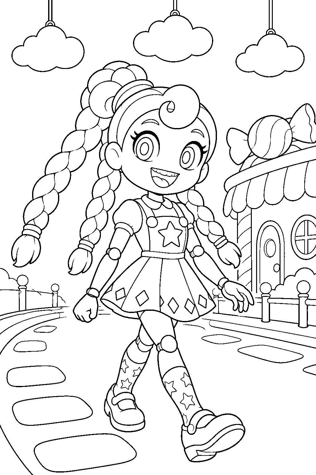 poppy playtime lily lovebraids walking along sweet street beneath hanging clouds line art