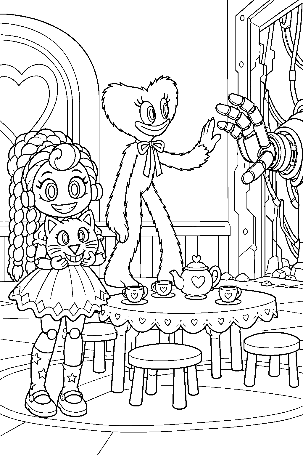 poppy playtime lily lovebraids watching kissy missy confront the prototype line art