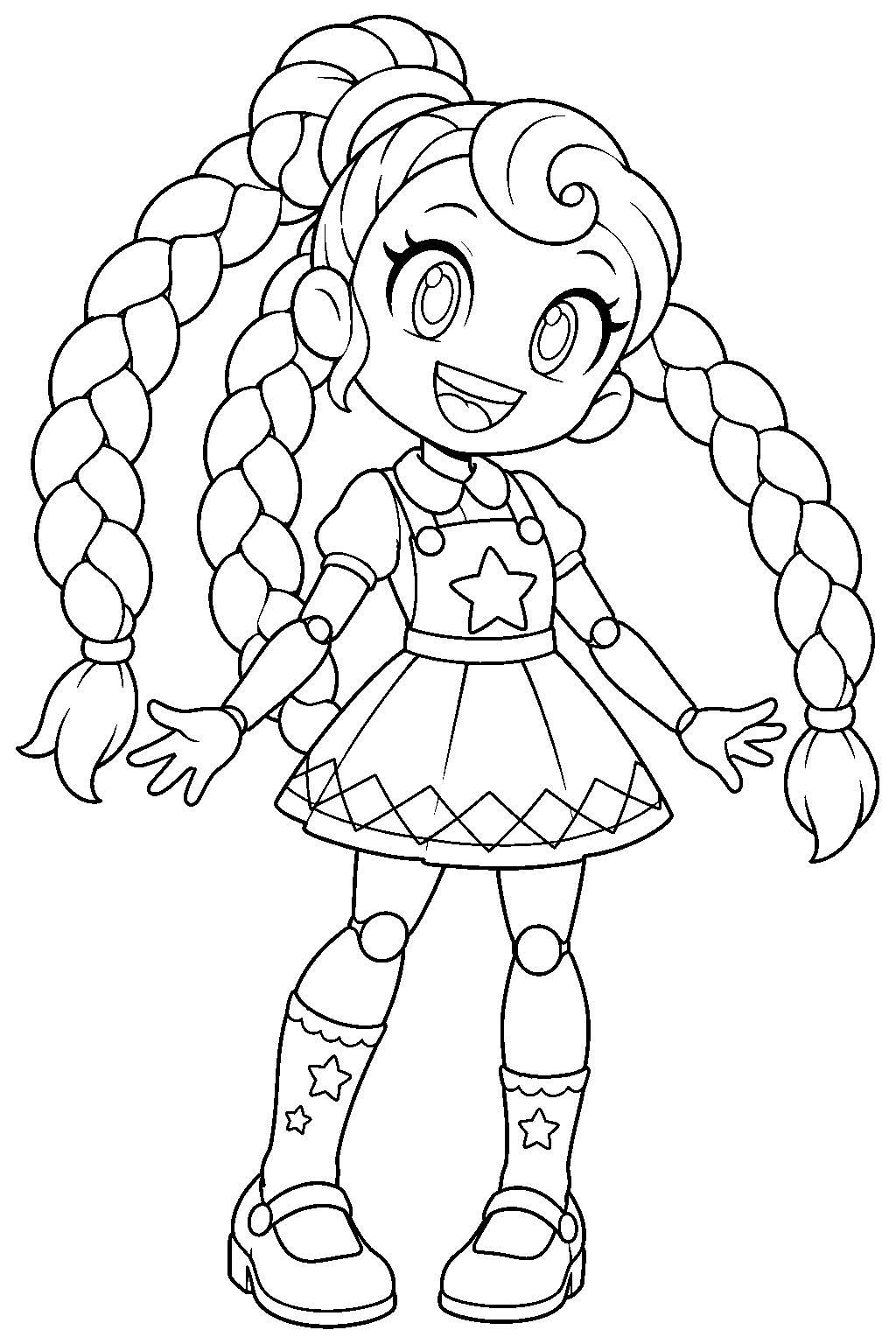 poppy playtime lily lovebraids with three long braids and a star pinafore line art