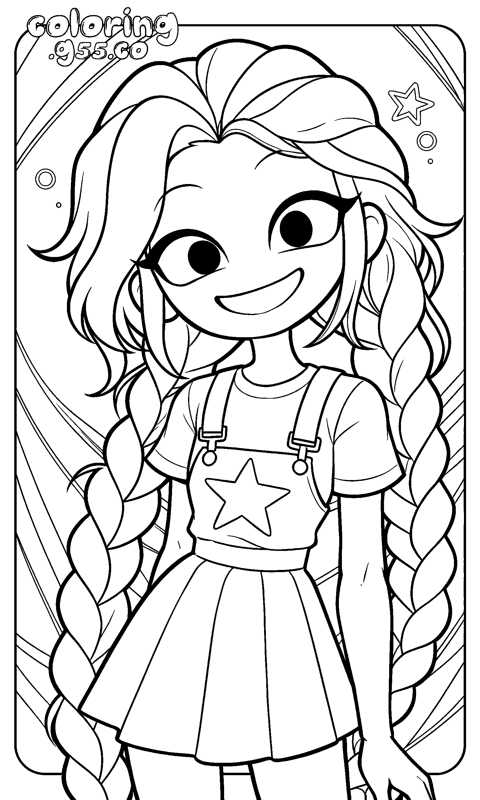 retro card frame star overall dress waving braids lily lovebraids poppy playtime line art