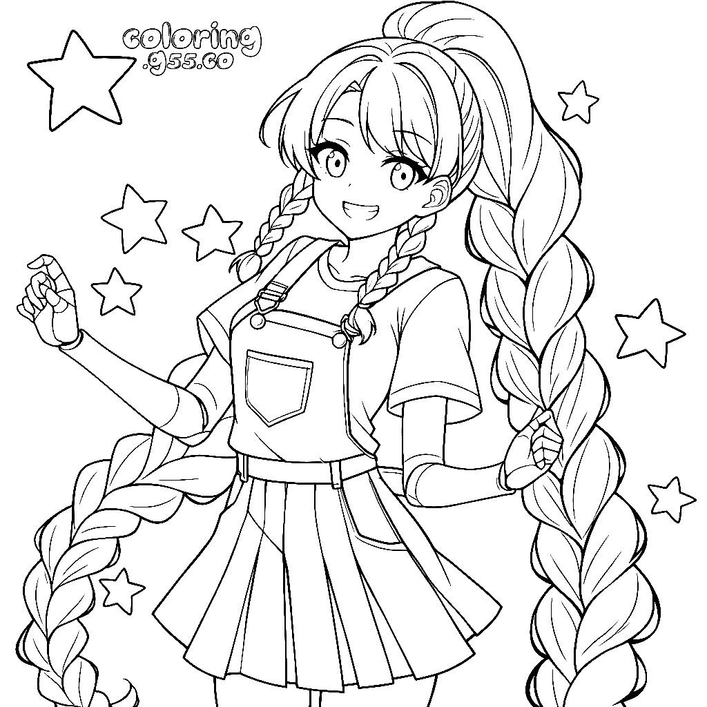 sparkling star overalls high braided ponytail anime girl lily lovebraids poppy playtime line art