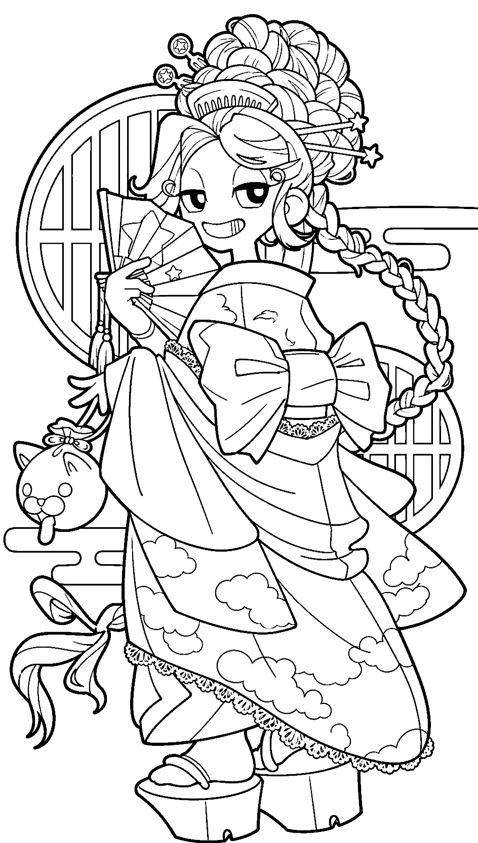 traditional japanese kimono geisha folding fan lily lovebraids poppy playtime line art