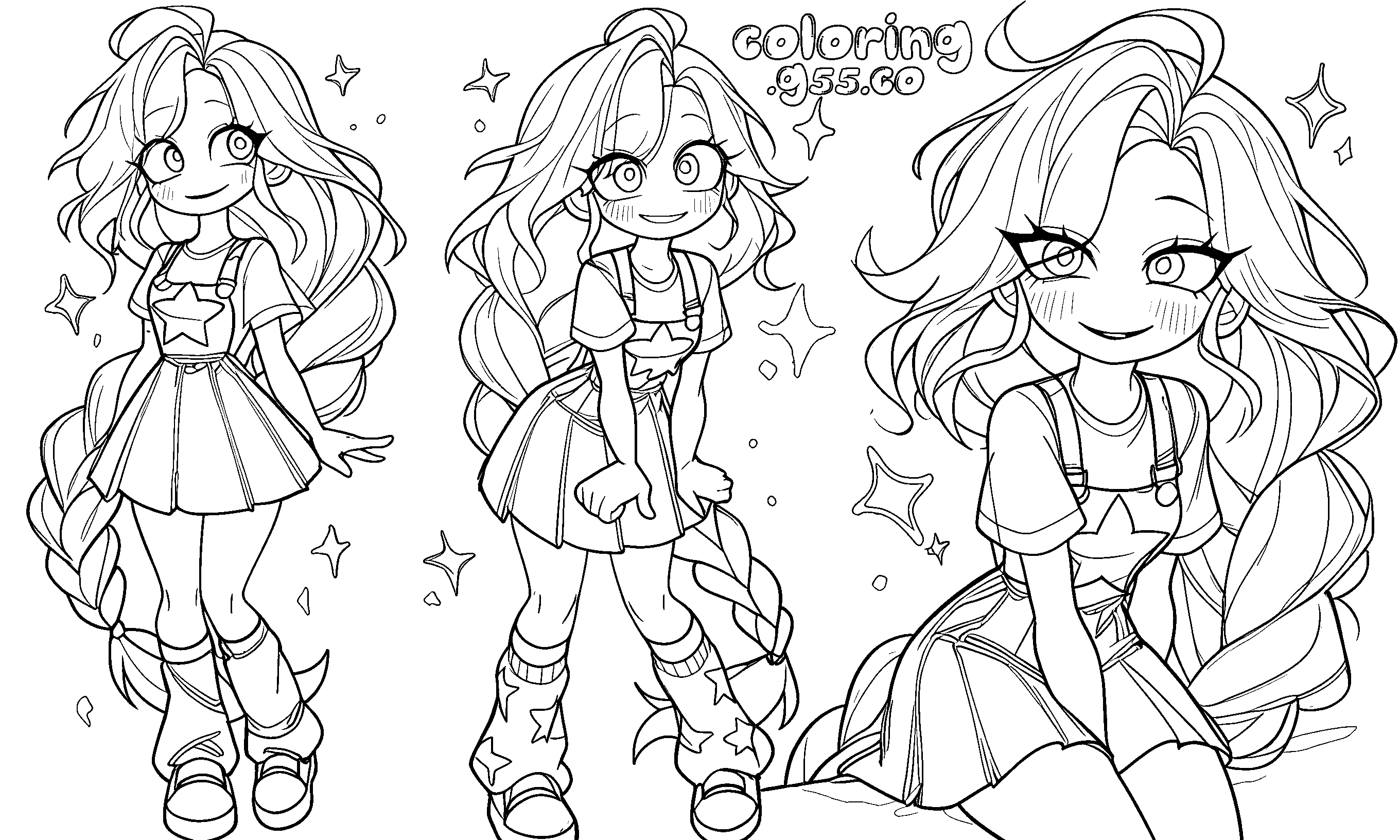 triple aesthetic poses star overall skirt long flowing hair lily lovebraids poppy playtime line art
