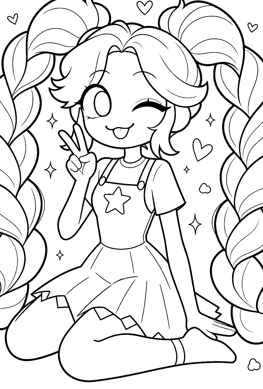 winking peace sign twin pigtail braids lily lovebraids poppy playtime line art