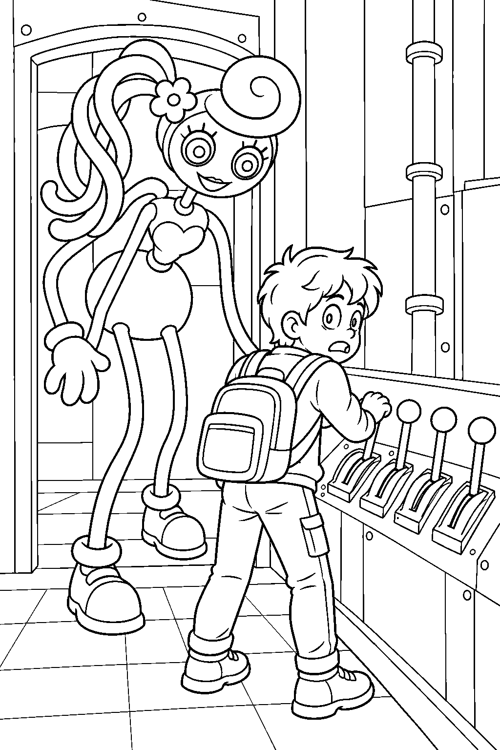 mommy long legs ambushing the player at the four lever puzzle room line art