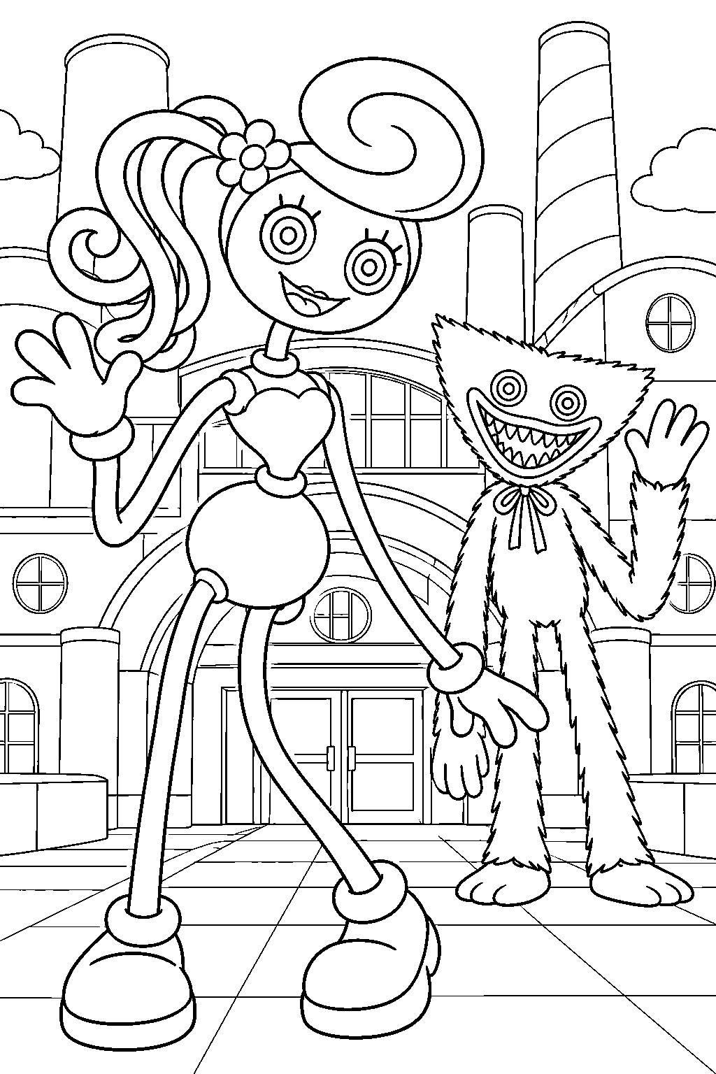 mommy long legs and huggy wuggy posing at the playtime co entrance line art