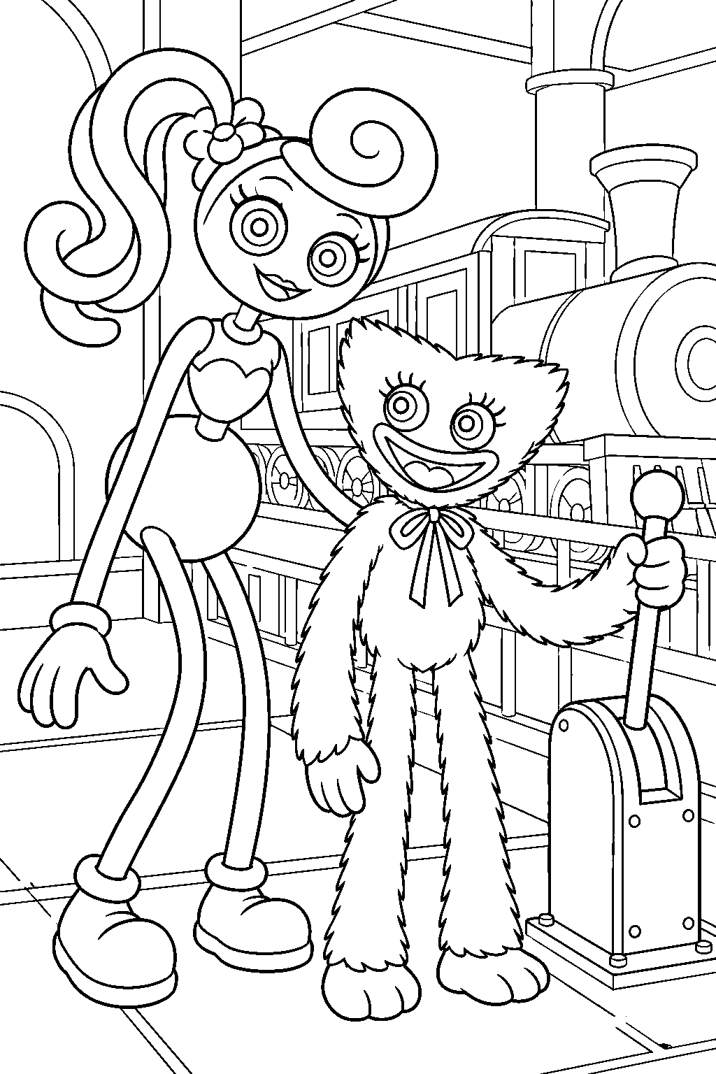 mommy long legs and kissy missy beside the train gate lever line art