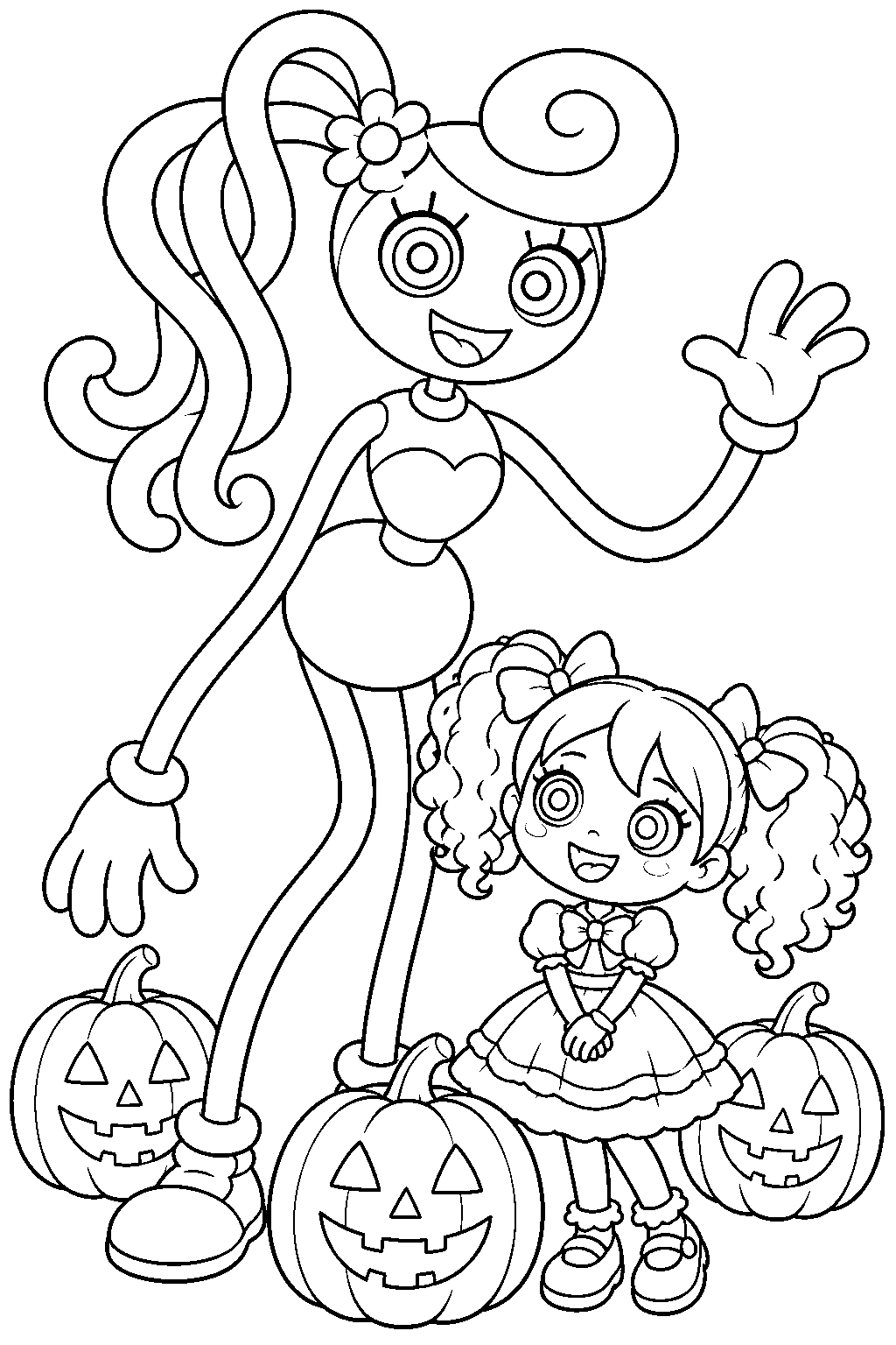mommy long legs and poppy surrounded by halloween pumpkins line art