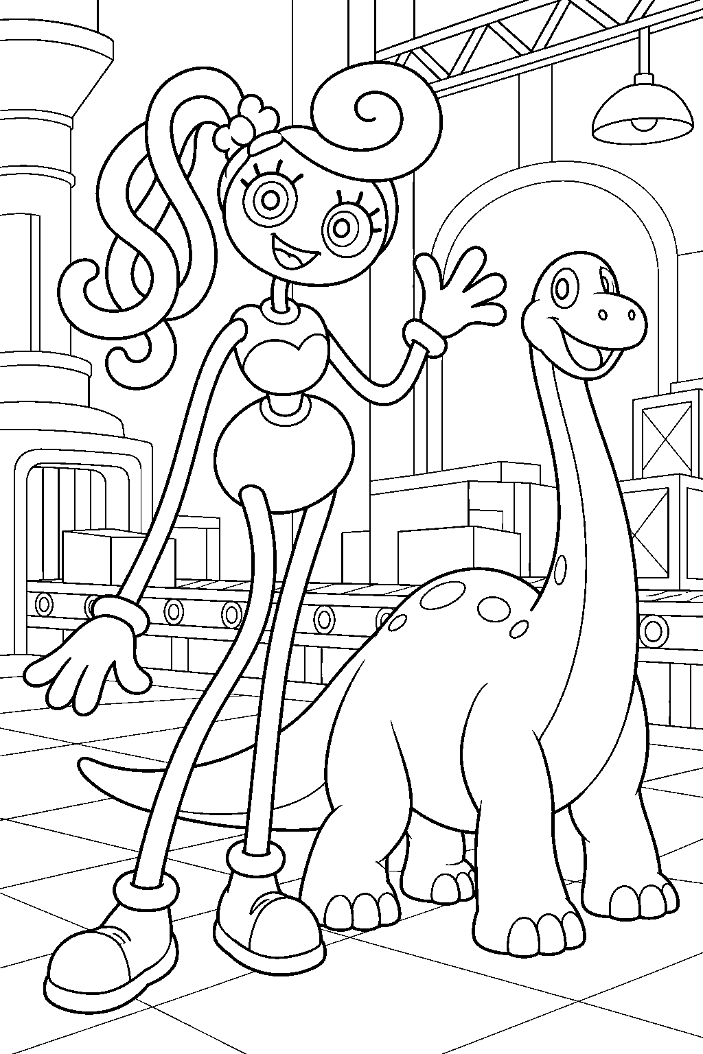mommy long legs beside bron the dinosaur in the toy factory line art