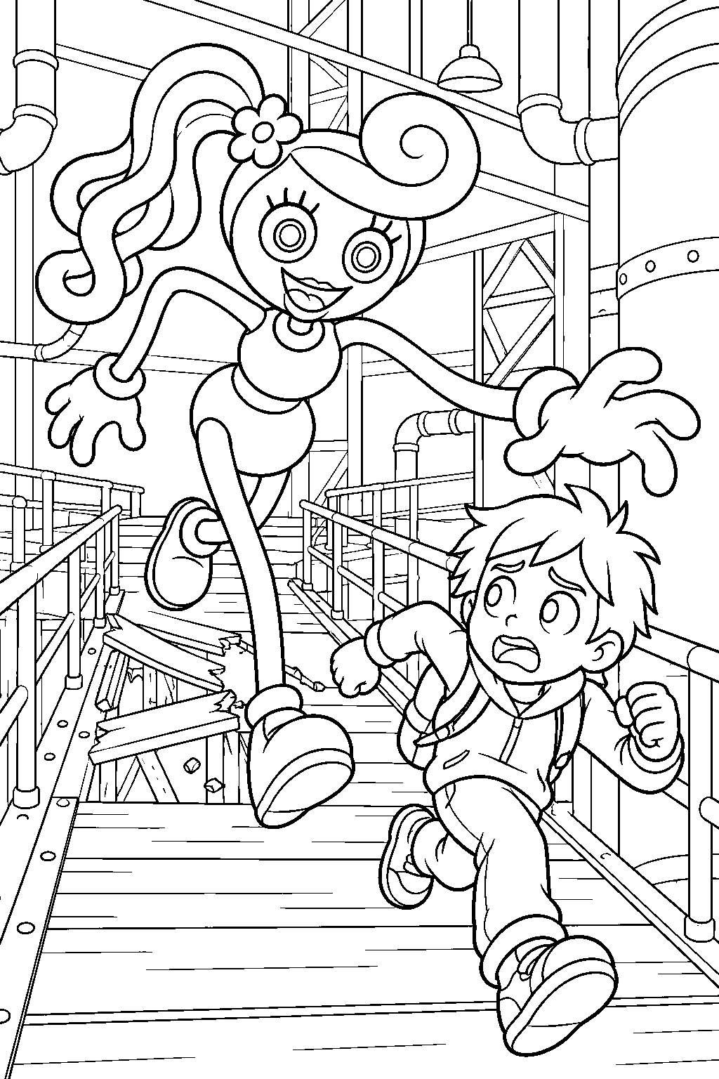mommy long legs chasing the player across a collapsing factory walkway line art