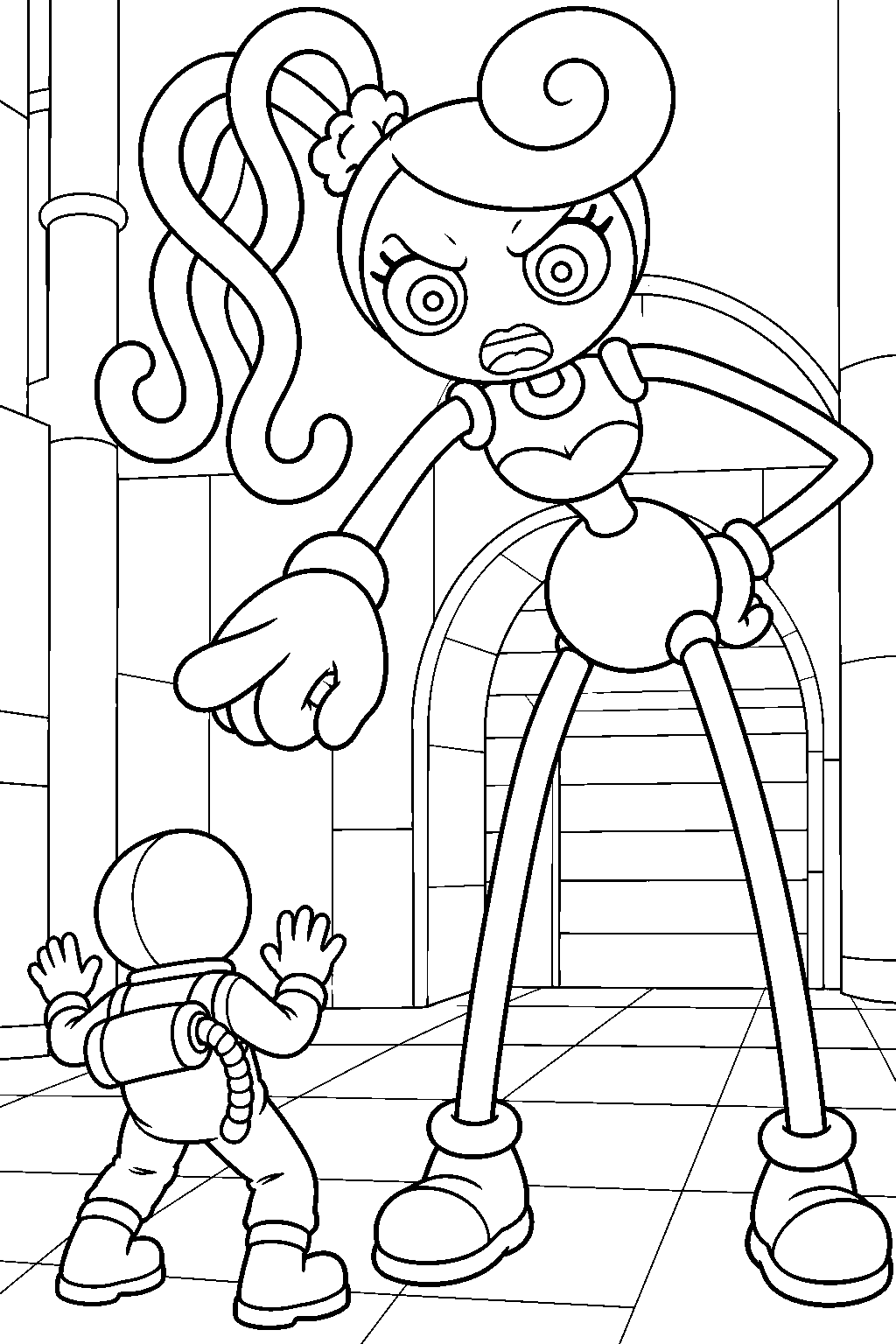 mommy long legs confronting the player for escaping statues line art