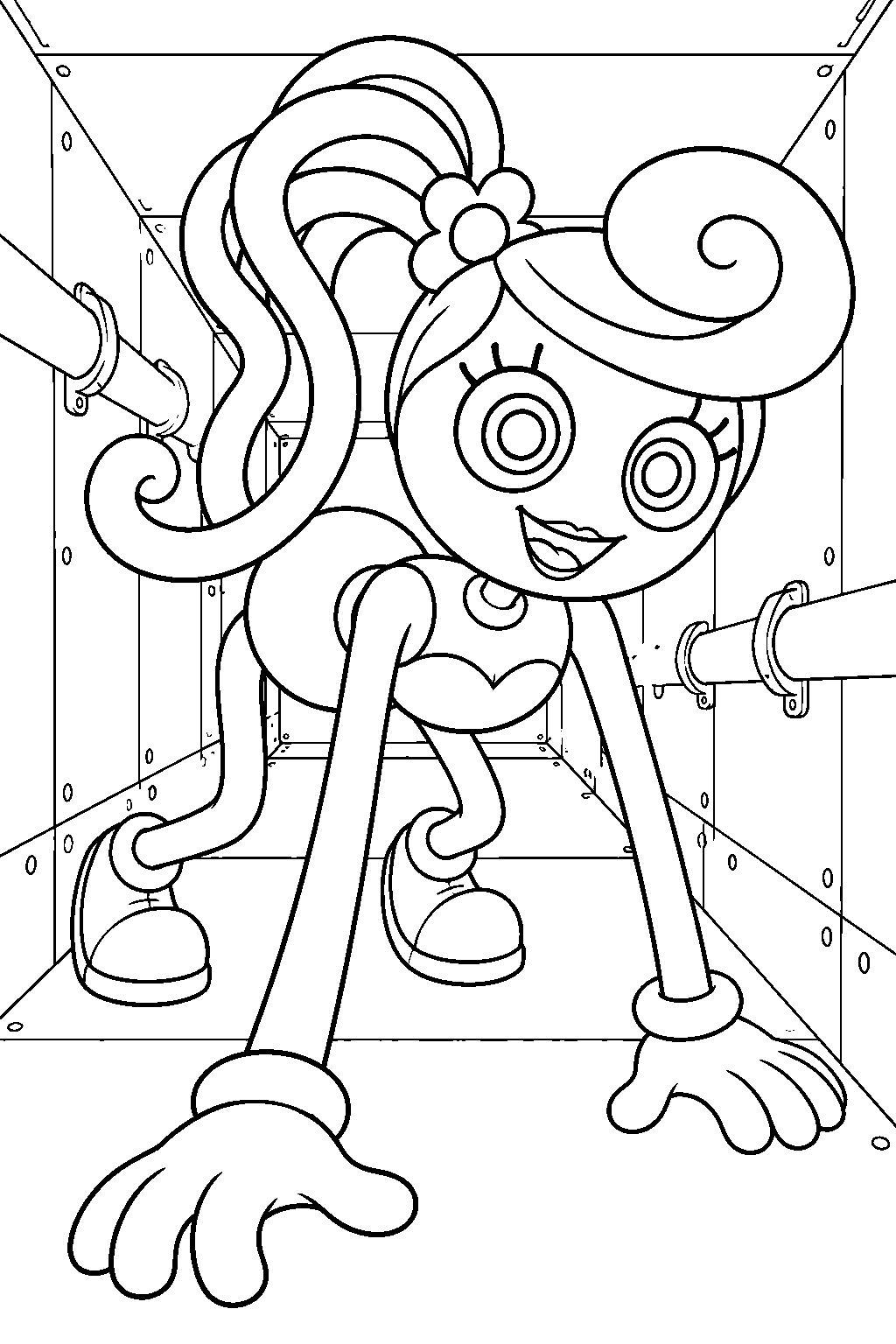 mommy long legs crawling through a toy factory maintenance tunnel line art