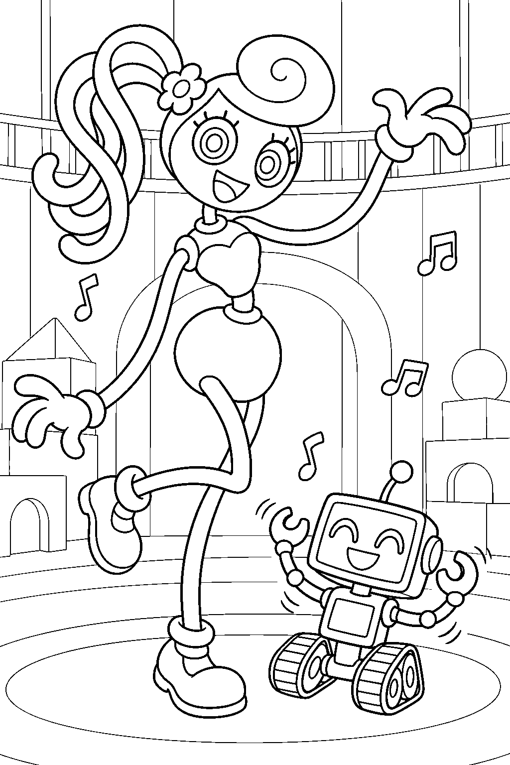 mommy long legs dancing with boogie bot line art