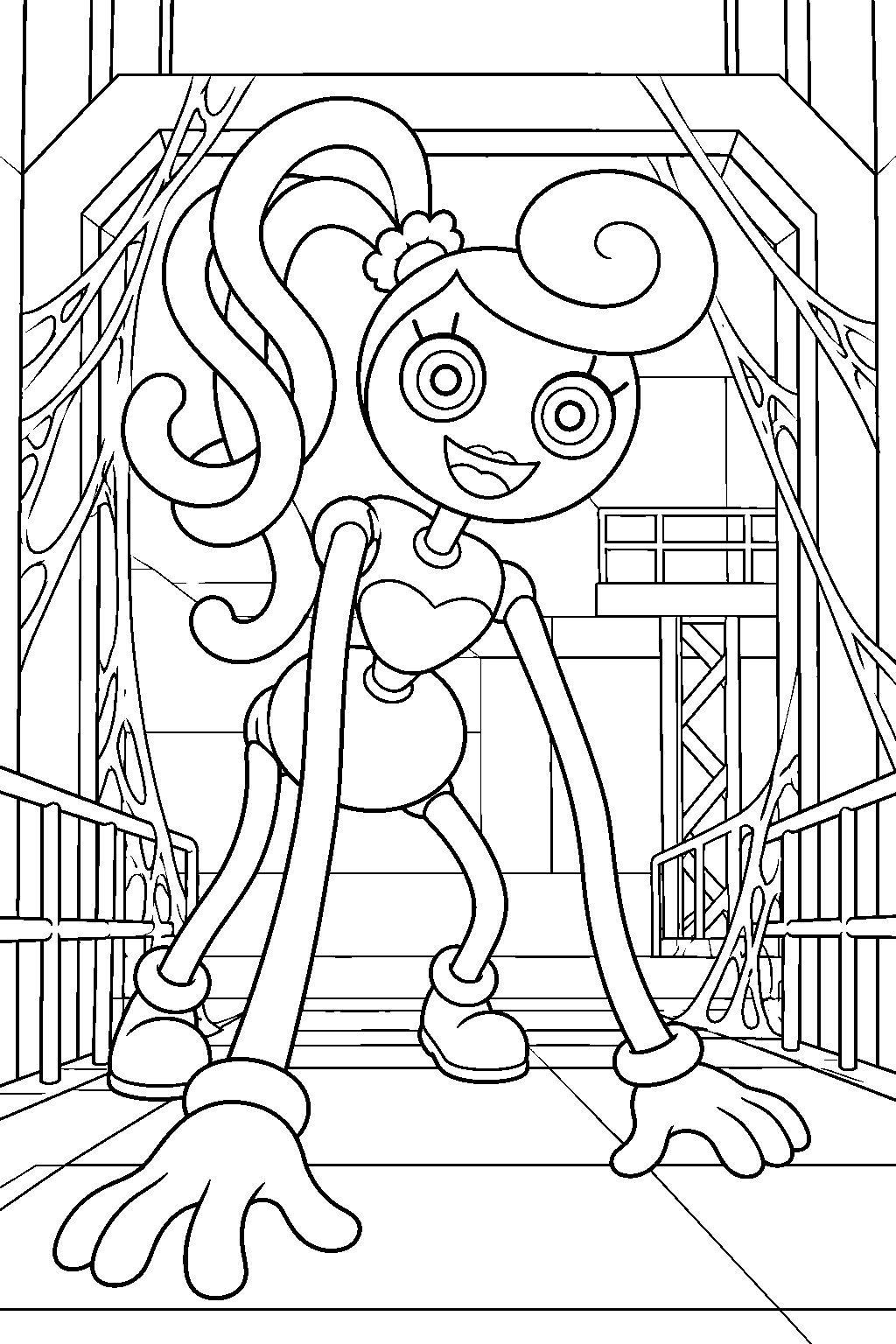 mommy long legs emerging from the web covered final chase room line art