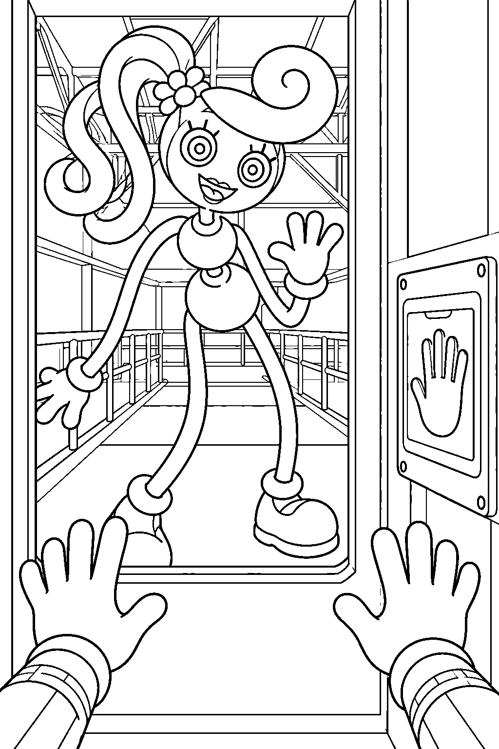 mommy long legs facing the player at the blue hand emergency exit line art