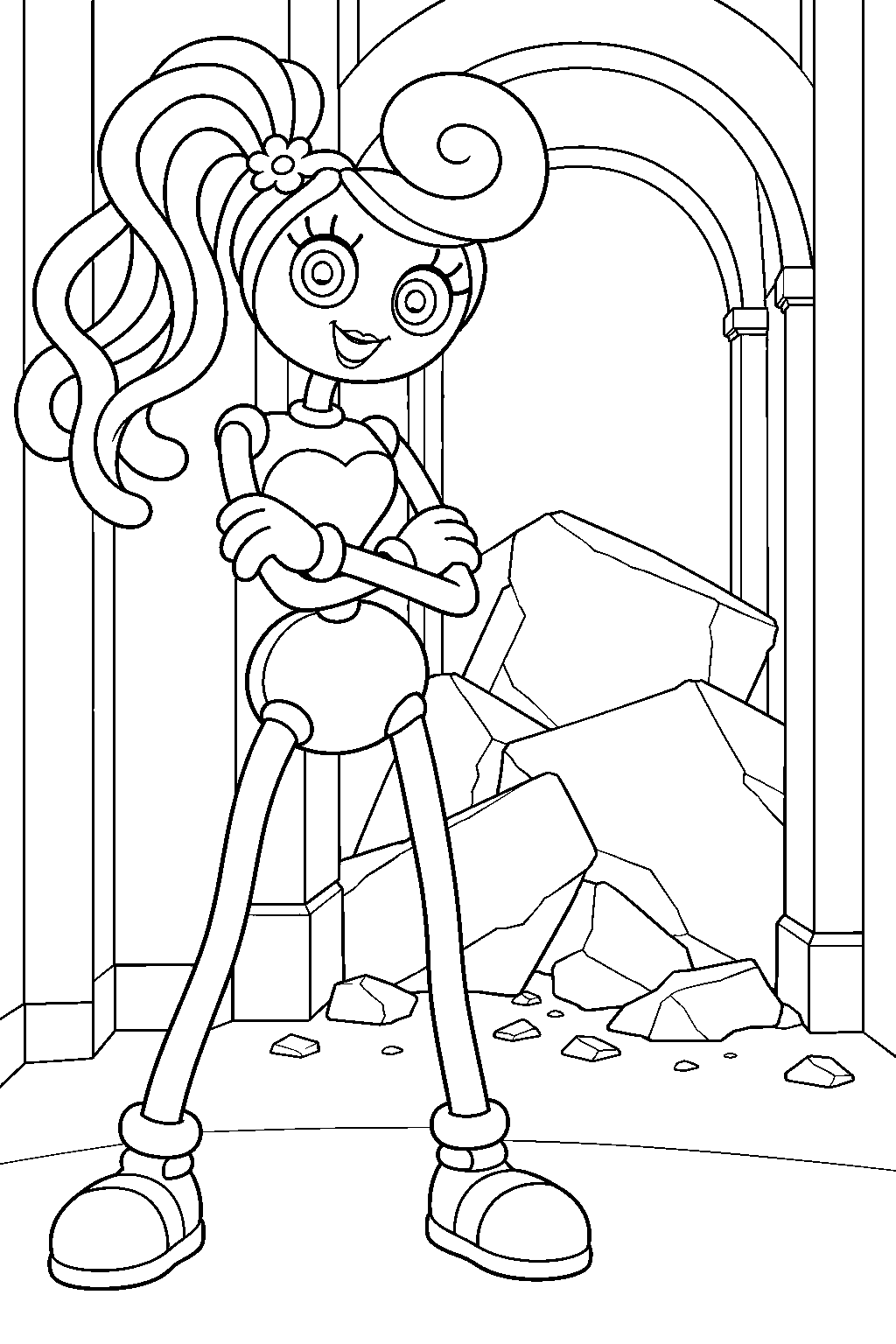 mommy long legs guarding the rubble blocked statues exit line art