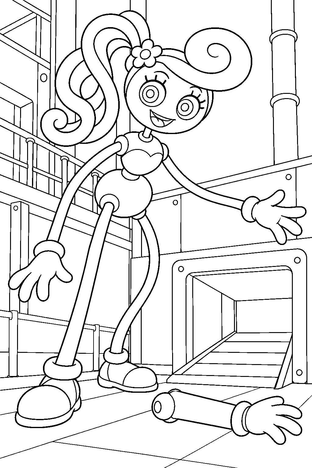 mommy long legs guarding the toy part deposit chute in project playtime line art