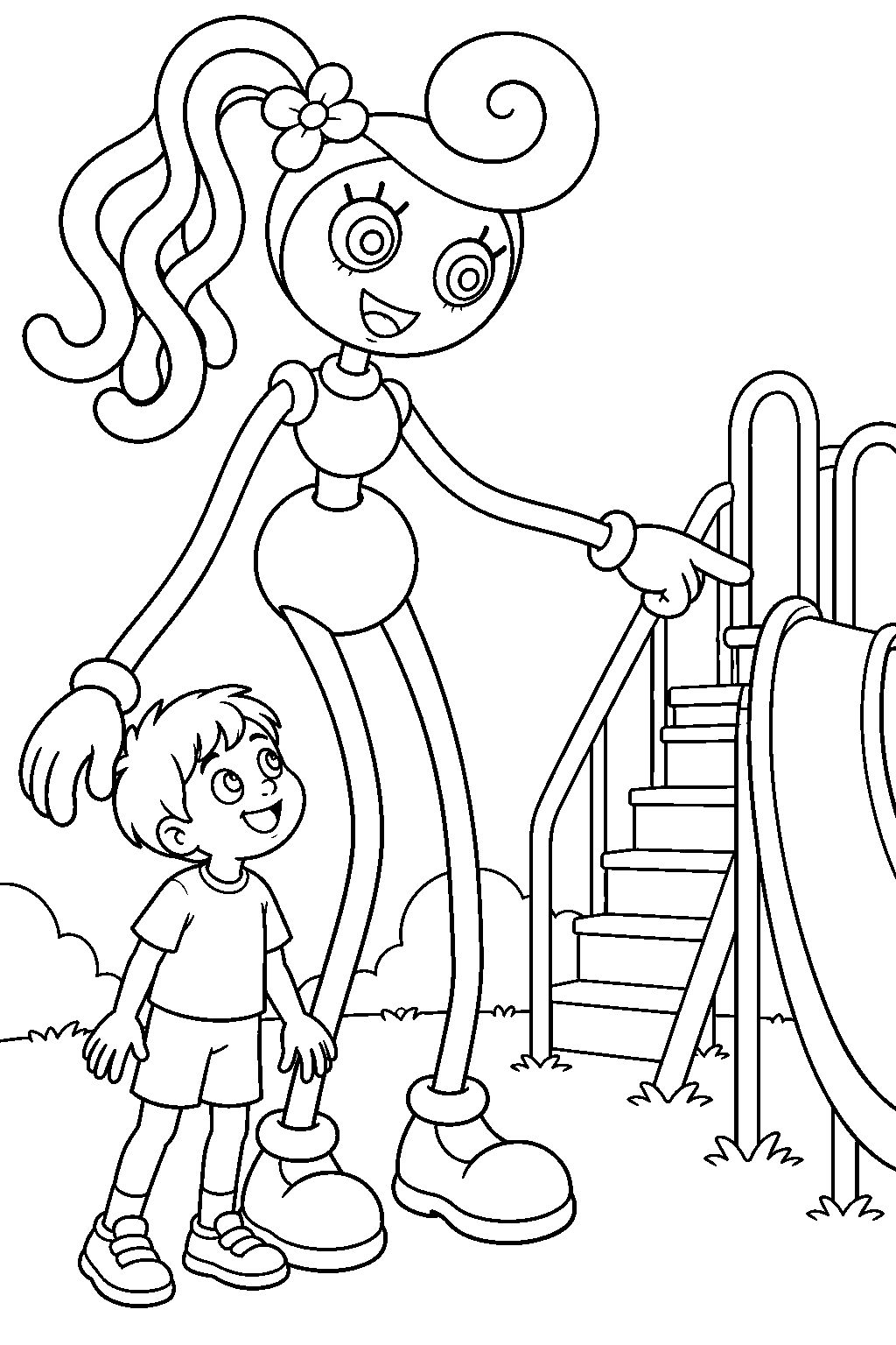 mommy long legs guiding a child toward the game station slide line art