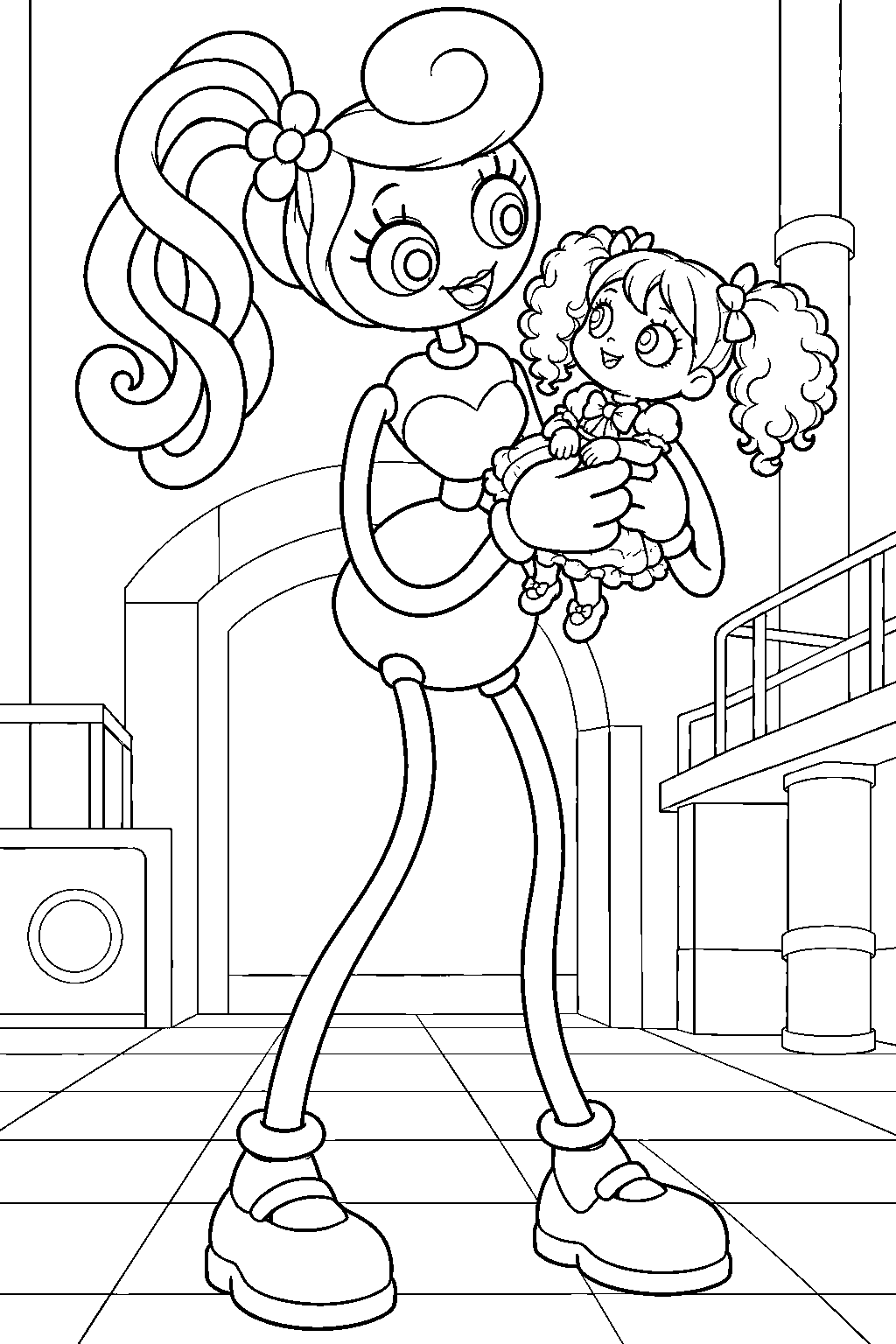 mommy long legs holding poppy during their first chapter 2 encounter line art