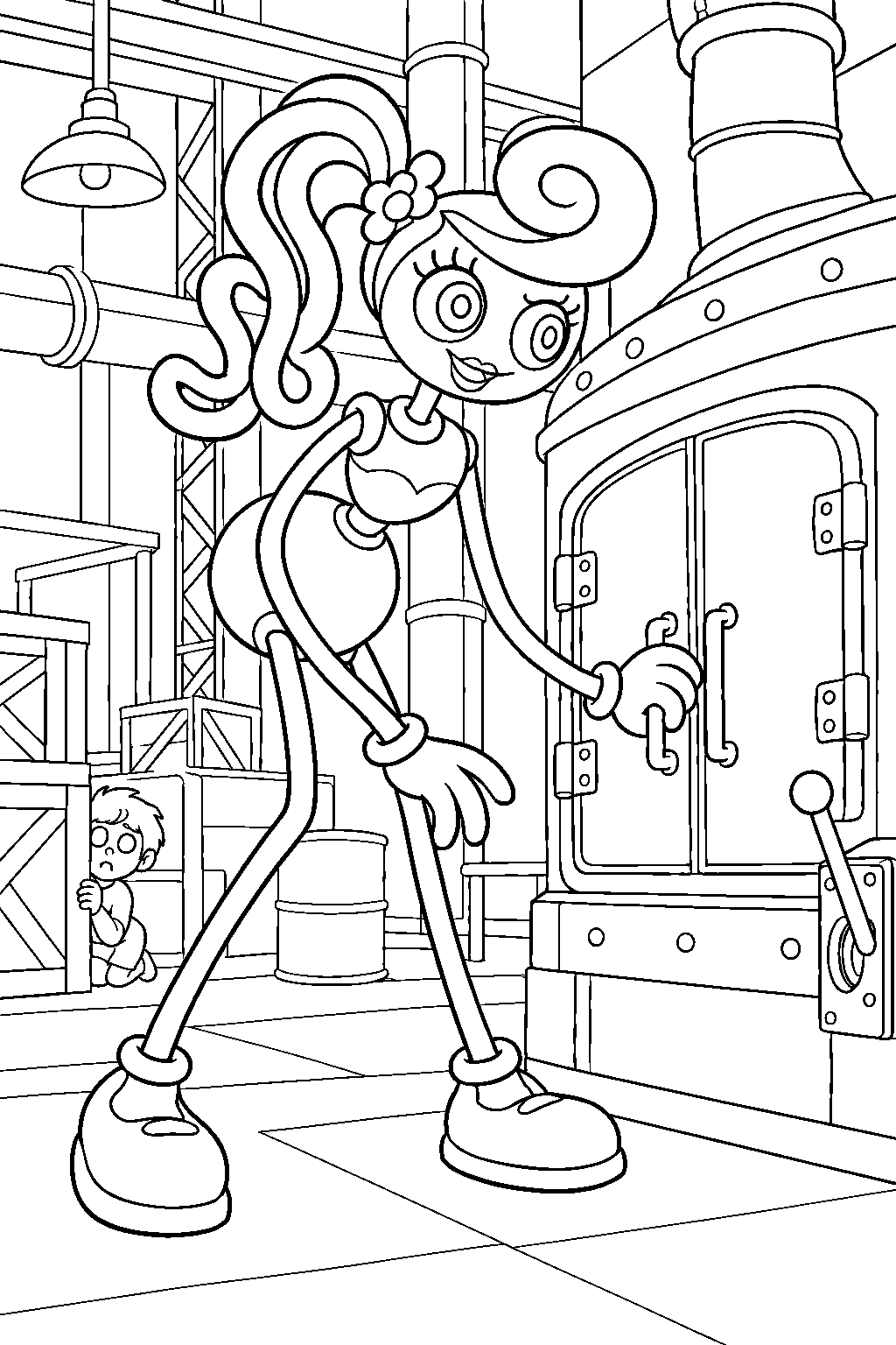 mommy long legs hunting for the player beside the factory furnace line art