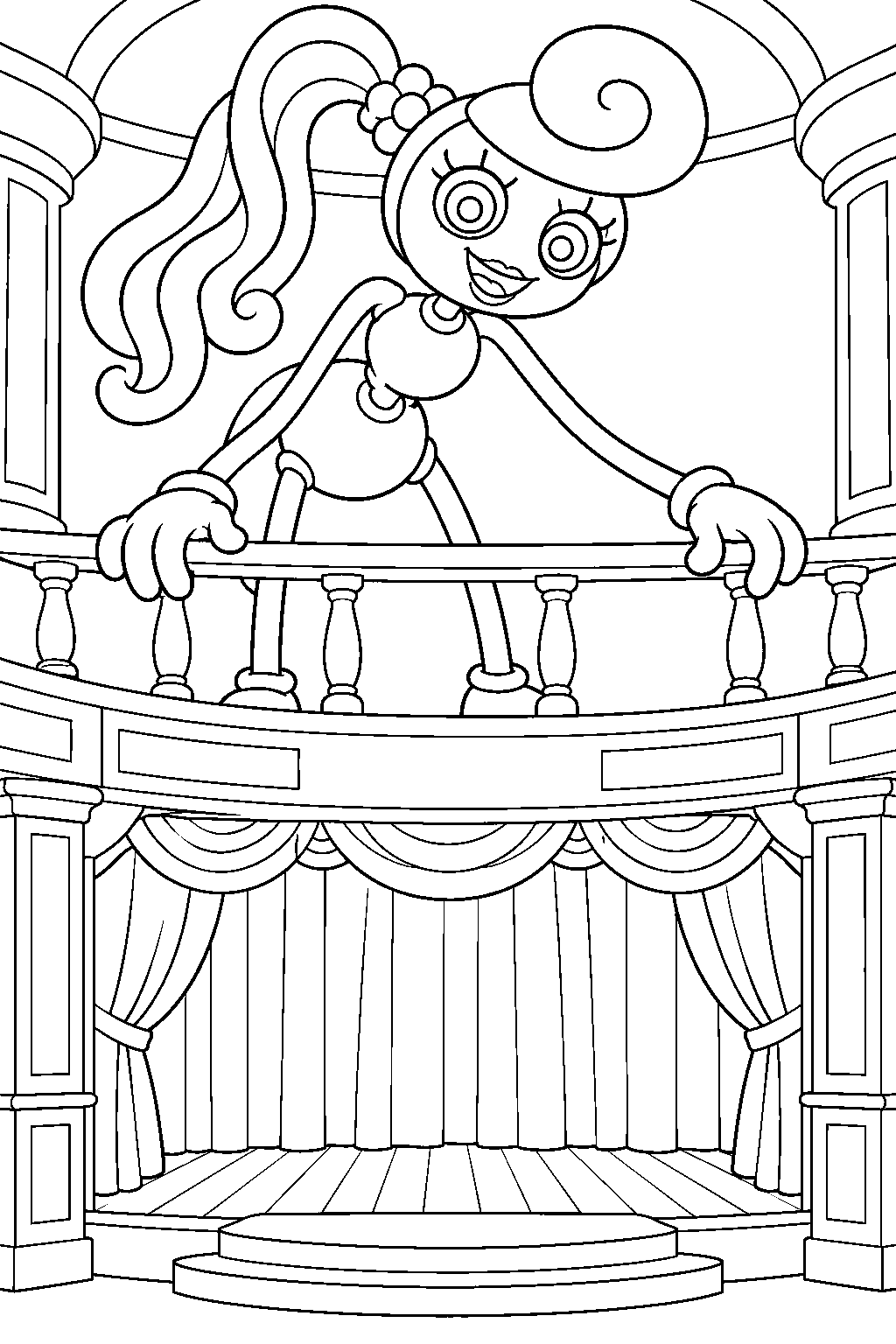 mommy long legs lurking above the theater stage in project playtime line art