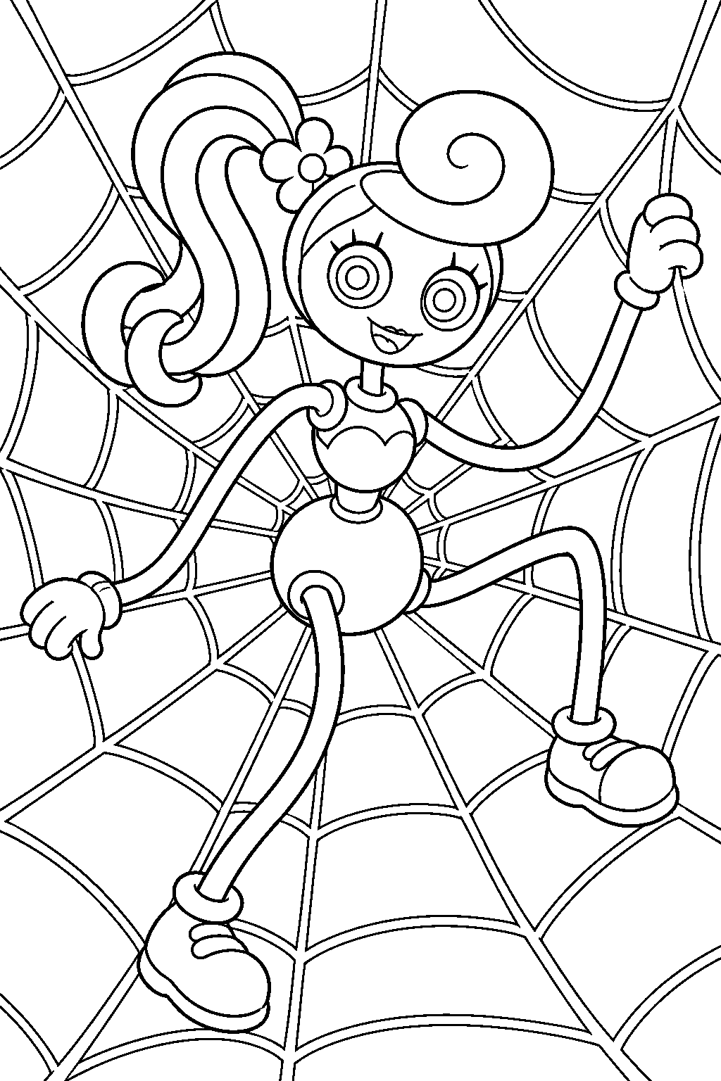 mommy long legs perched at the center of a giant spiderweb line art