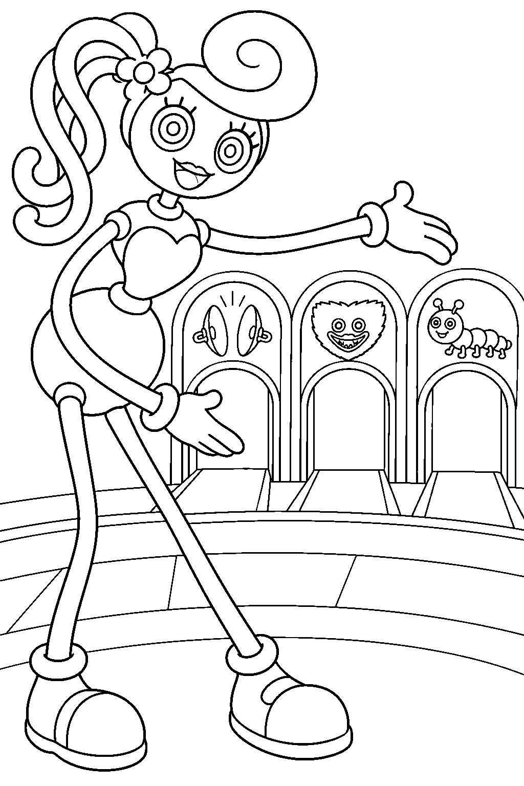 mommy long legs presenting the three game station minigame entrances line art