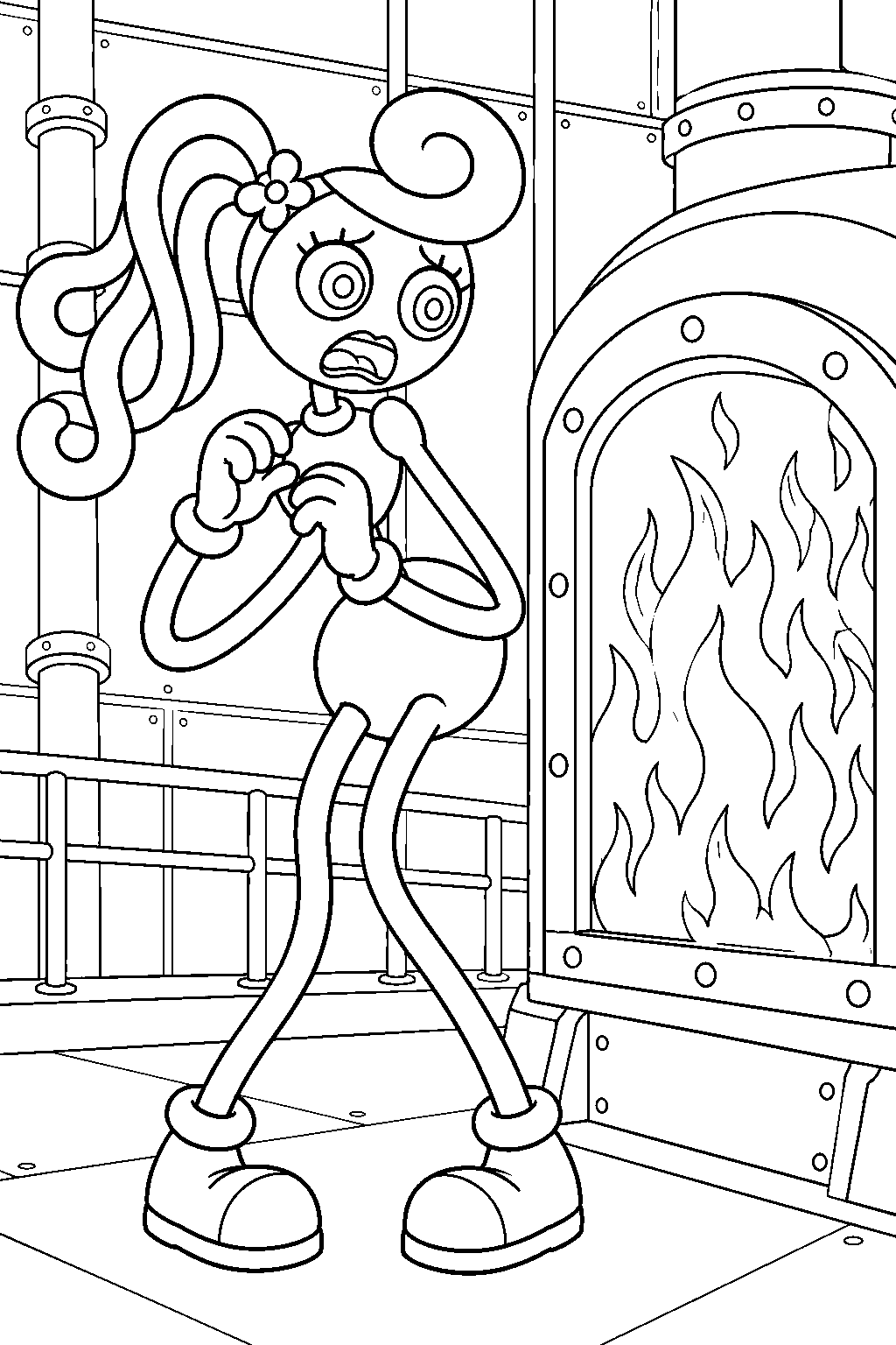 mommy long legs recoiling from flames inside the furnace line art