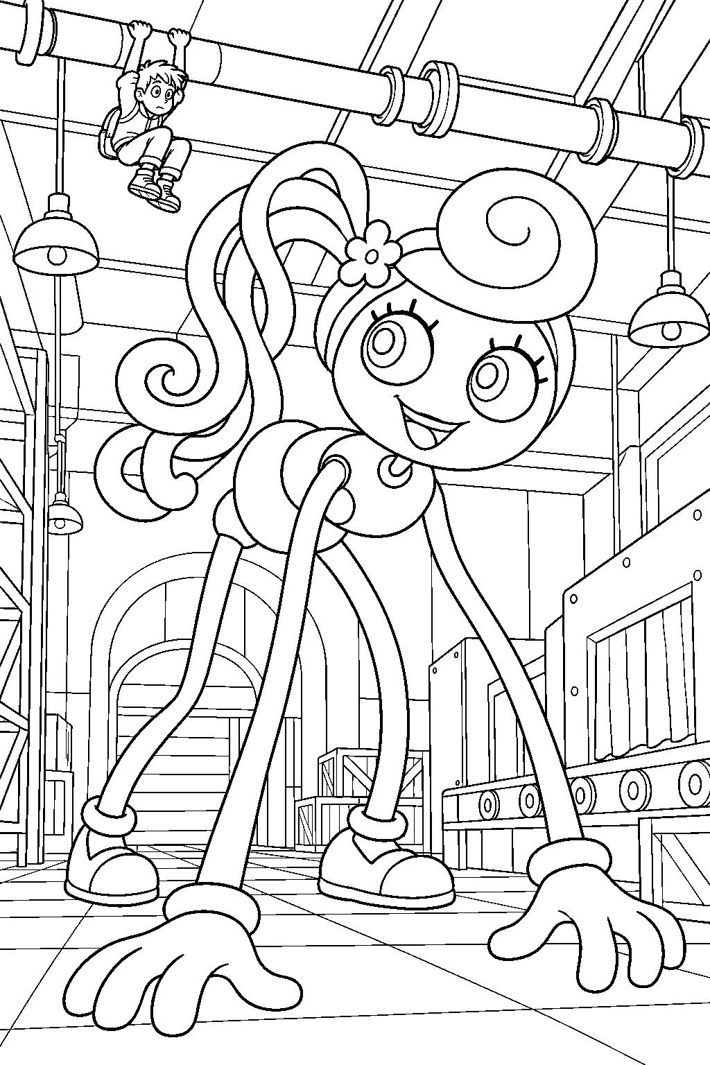 mommy long legs searching below the player s ceiling pipe hiding place line art