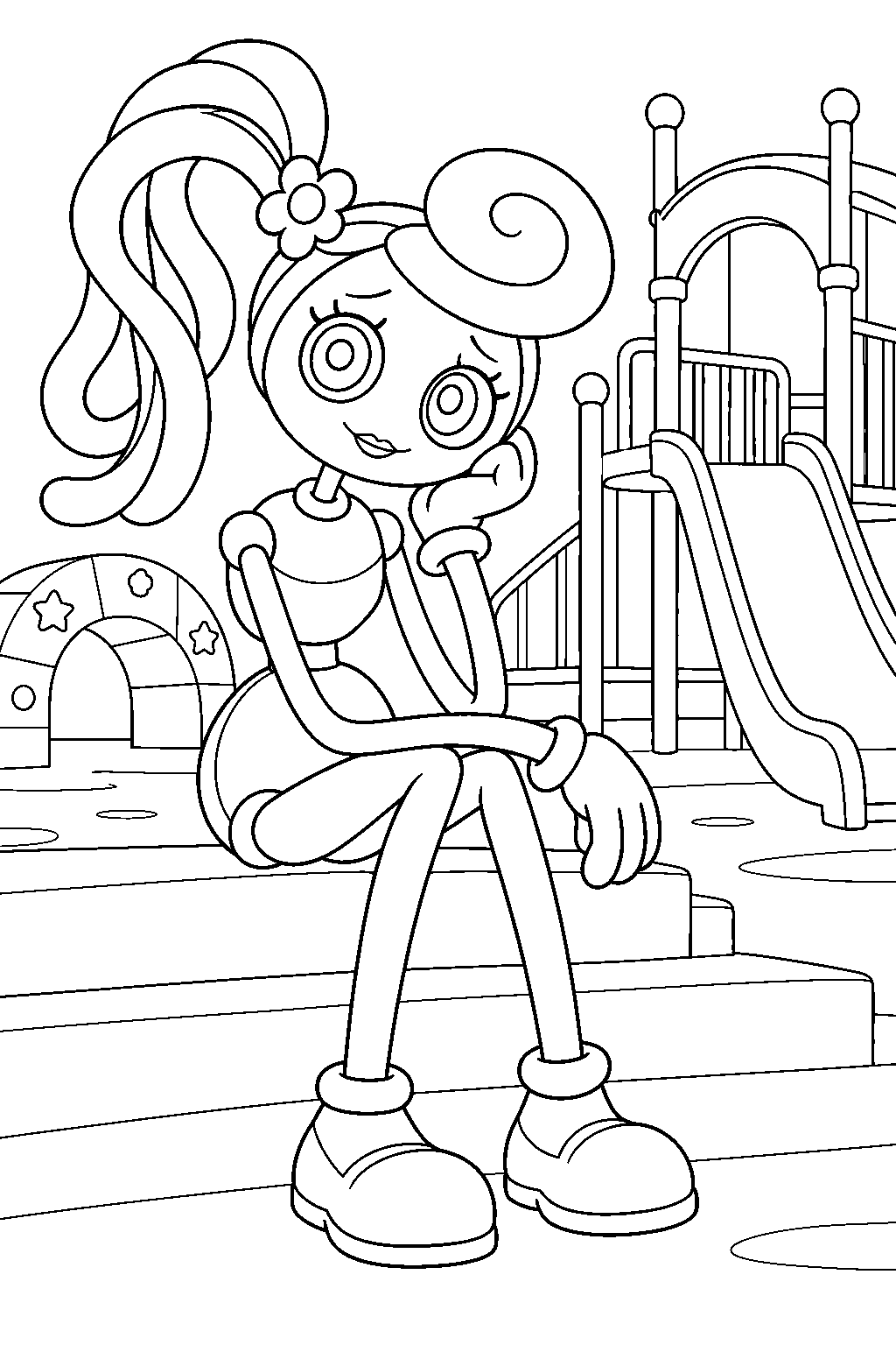 mommy long legs sitting alone in the abandoned game station playground line art