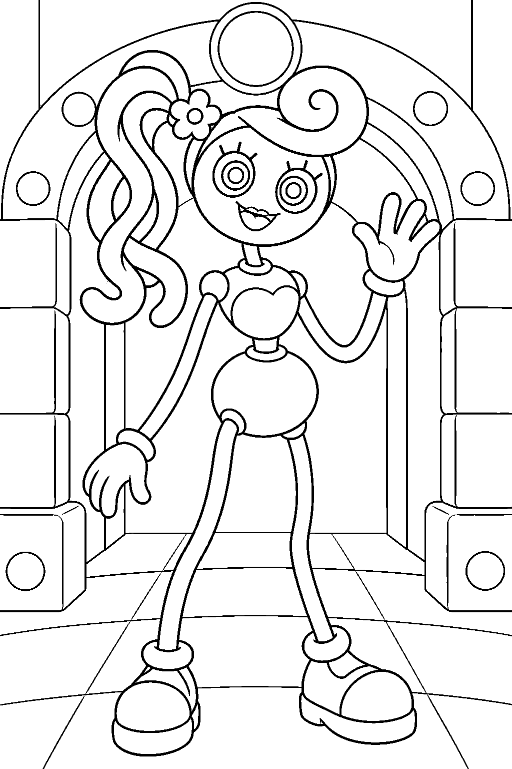mommy long legs smiling and waving at the game station entrance line art