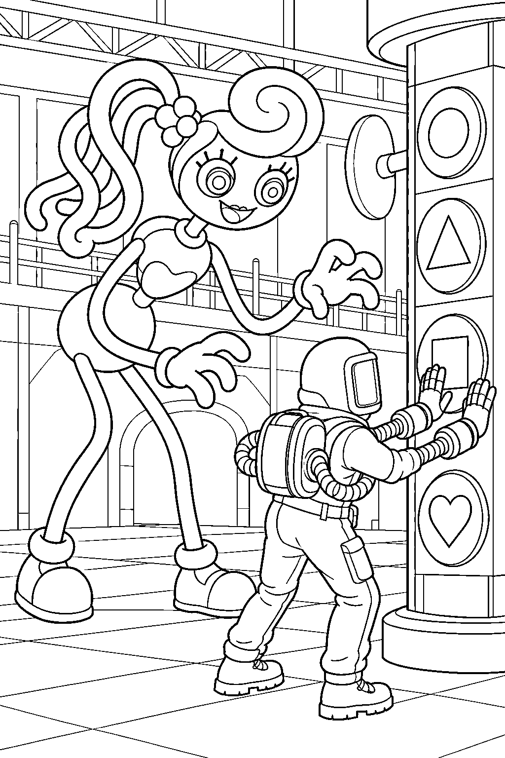 mommy long legs stalking a specialist at a project playtime puzzle pillar line art