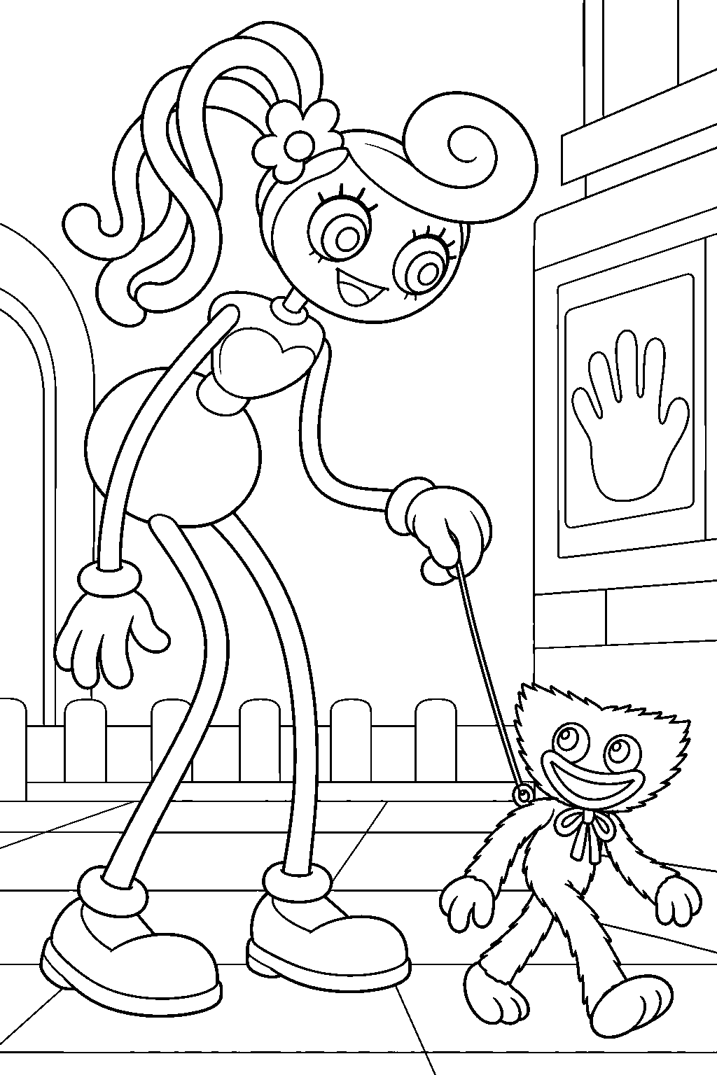 mommy long legs supervising a mini huggy attached to its original safety string line art