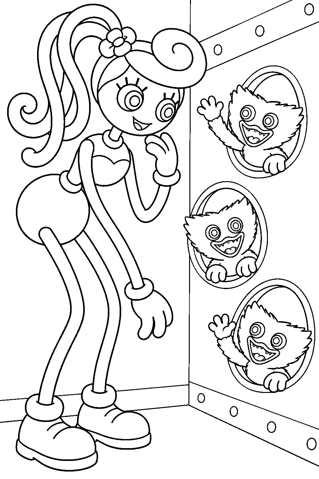 mommy long legs supervising mini huggies emerging from whack a wuggy wall holes line art