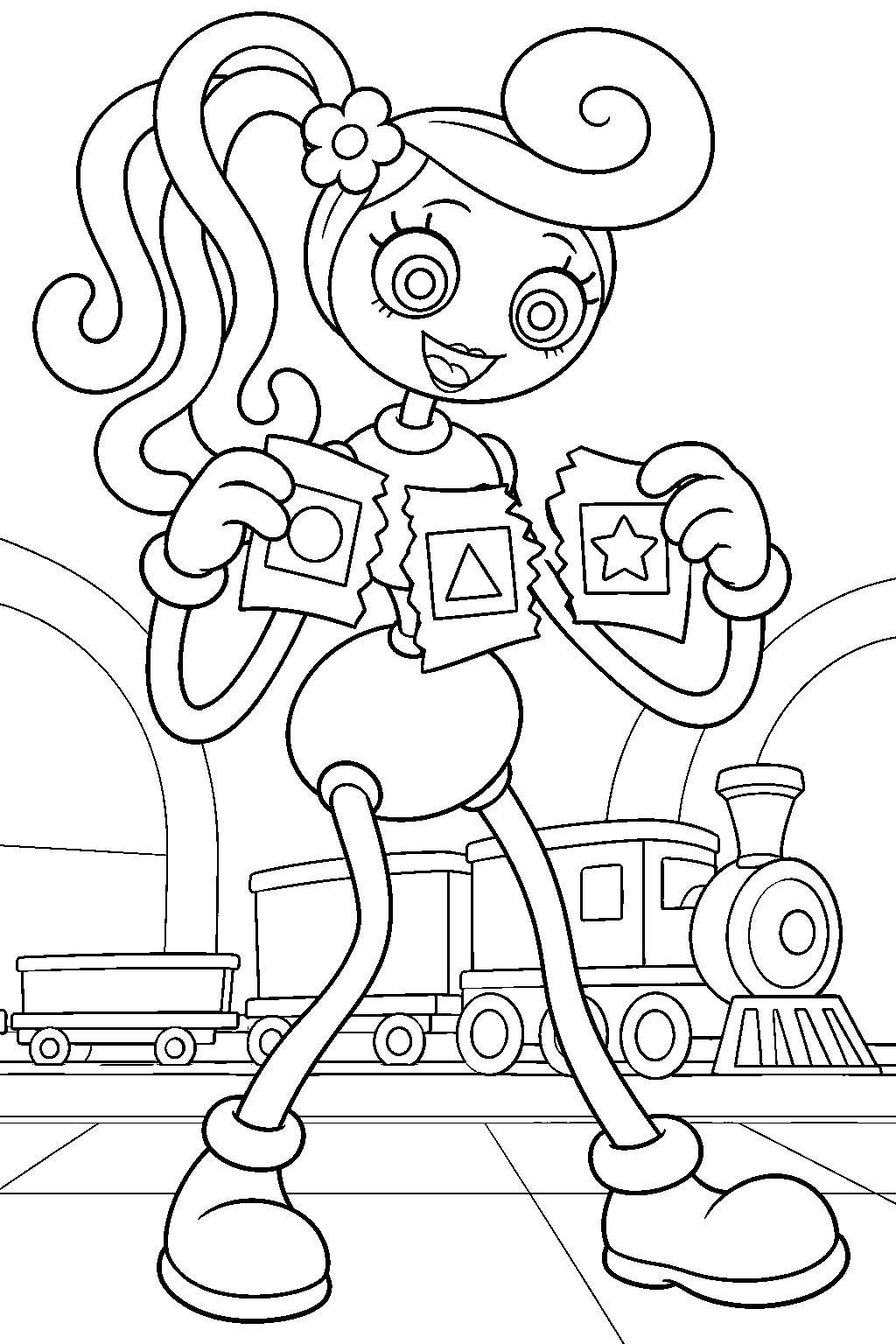 mommy long legs tearing the train code into three pieces line art